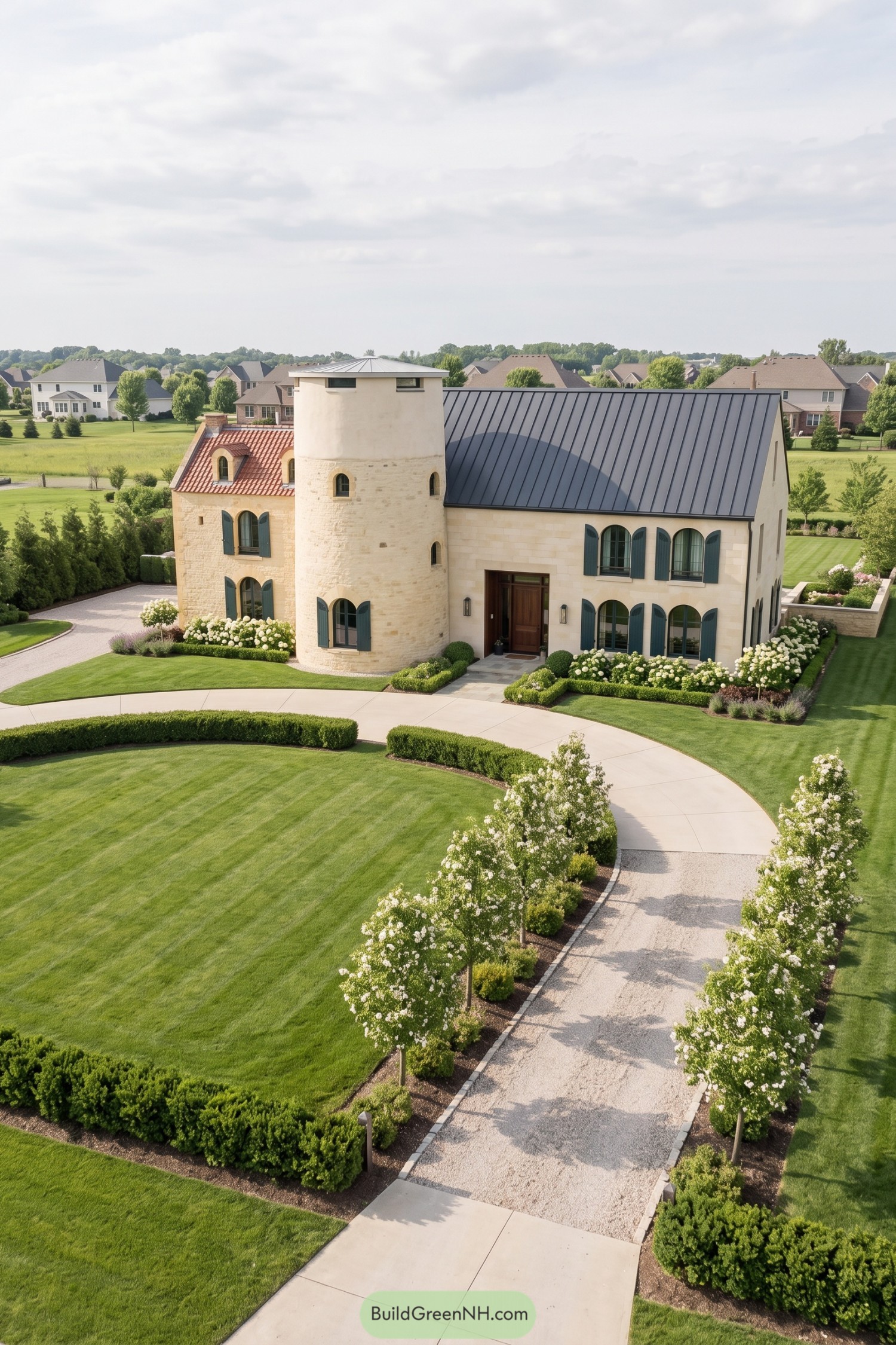 Cream stone home with a round turret blue shutters and formal garden path