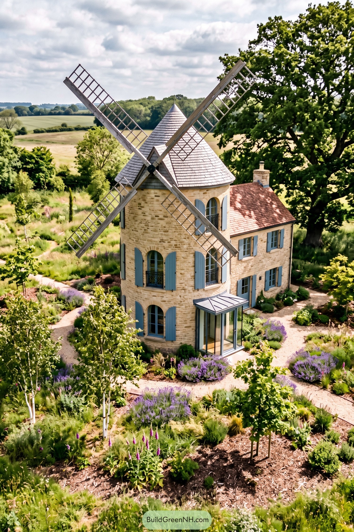Stone windmill home with blue shutters and garden paths