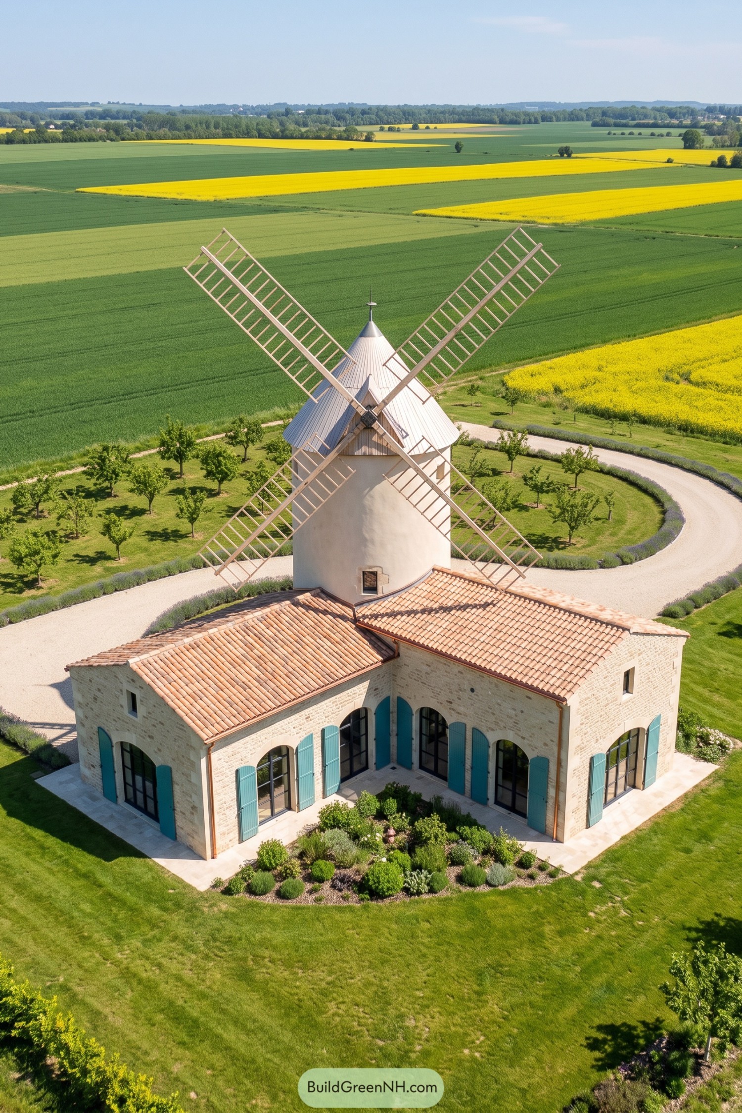 Stone windmill home with turquoise shutters beside rapeseed fields