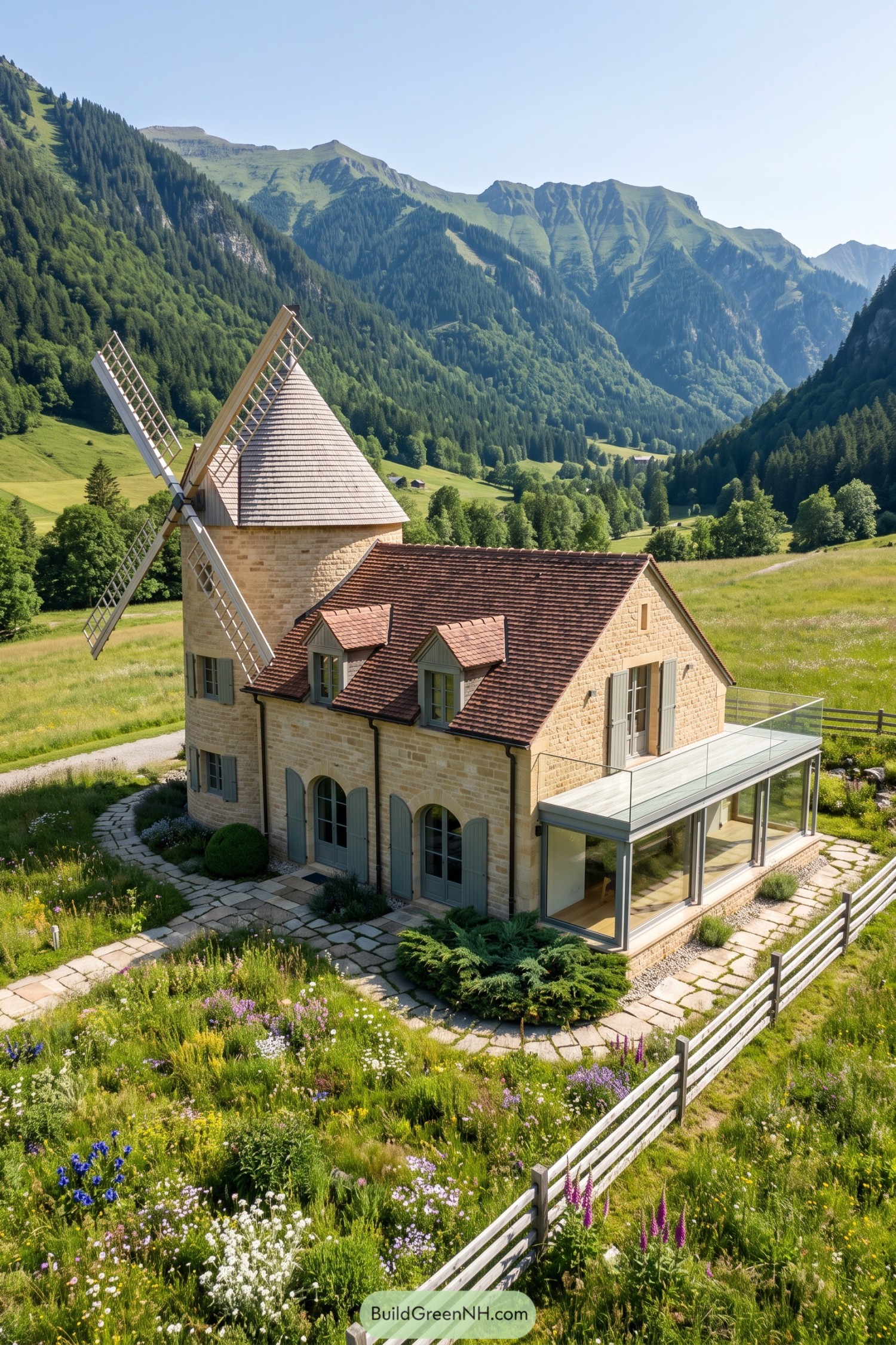 Stone windmill home with glass sunroom in an alpine meadow