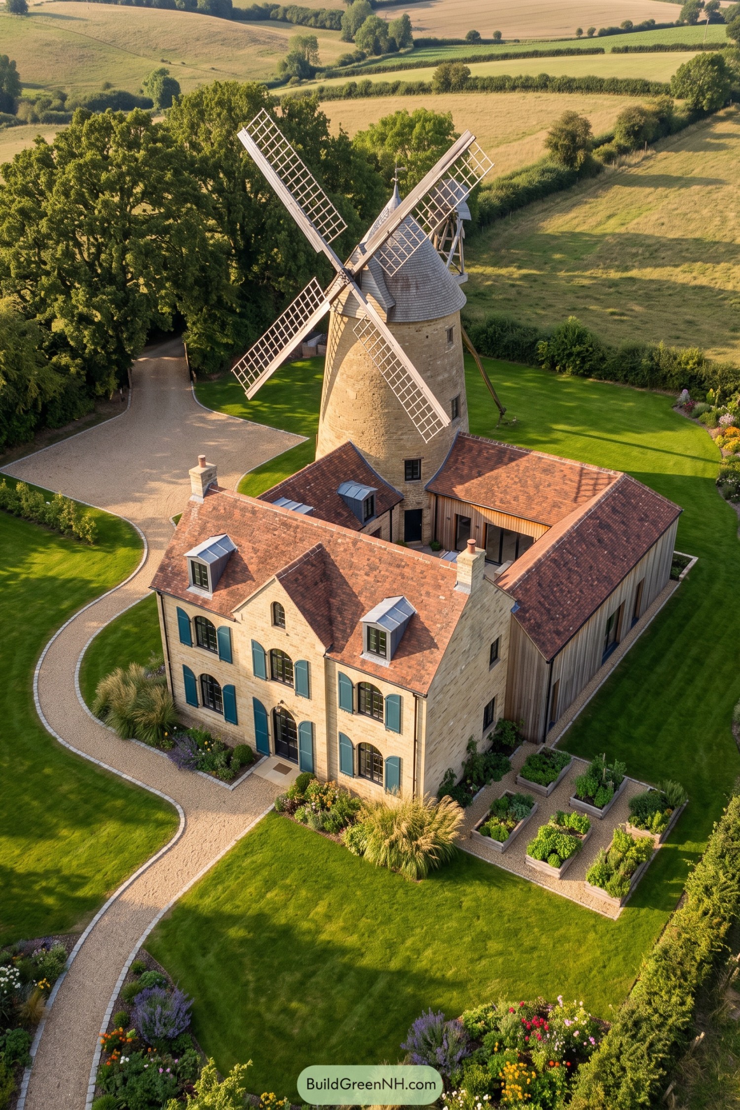 Restored stone windmill with teal-shuttered farmhouse extension