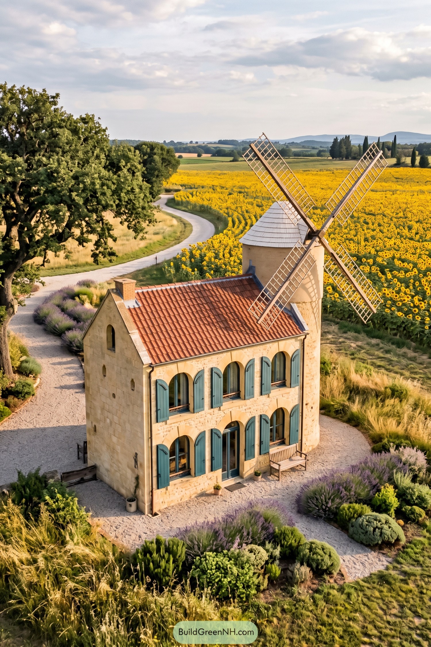 Stone windmill house beside a sunflower field