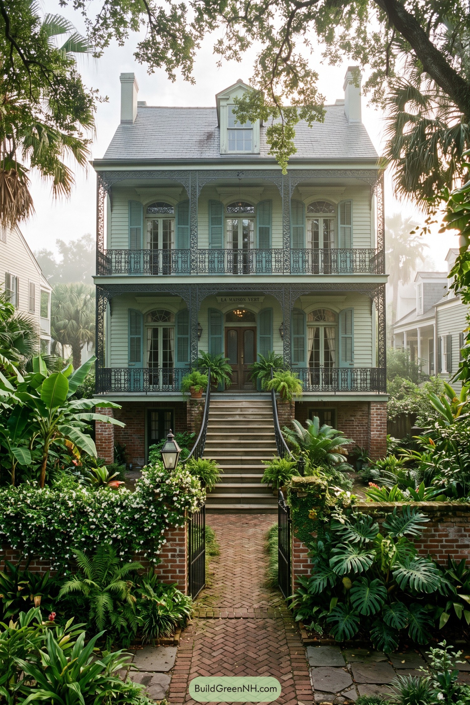 Pale green New Orleans townhouse with iron balconies and lush garden