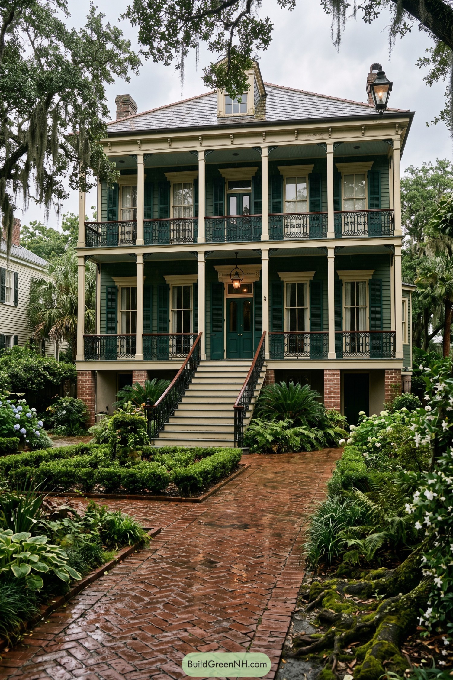 Raised New Orleans home with teal shutters and twin porches
