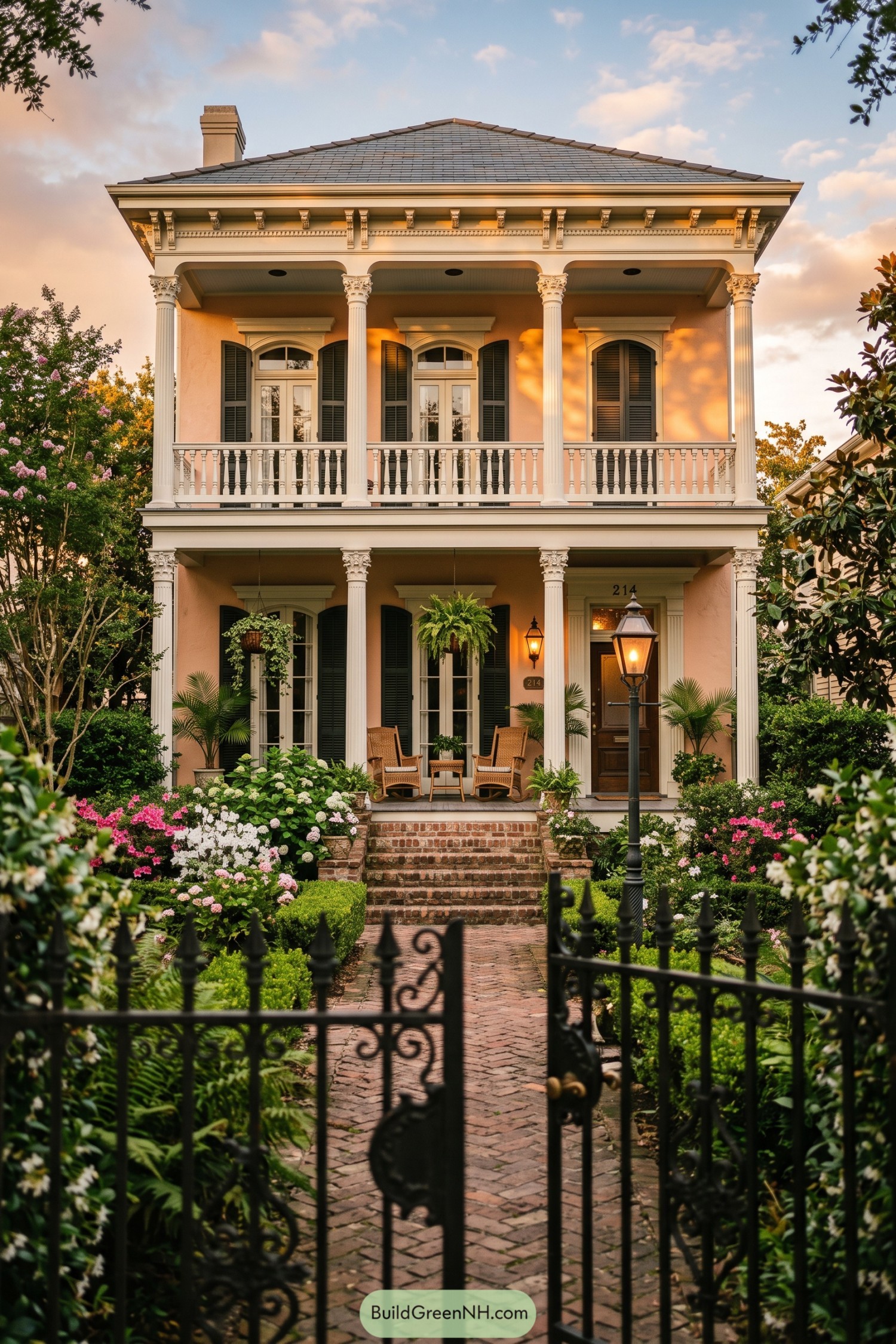 Peach two-story home with white columns and twin porches