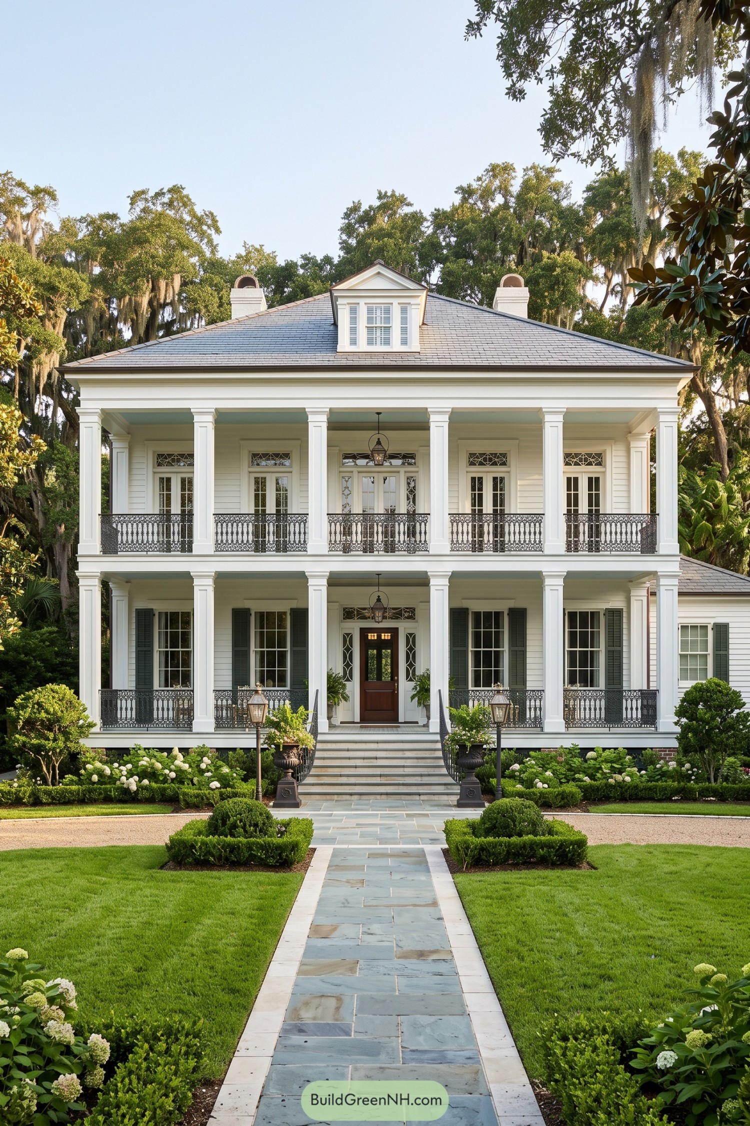 White two story New Orleans house with iron balconies and tall columns
