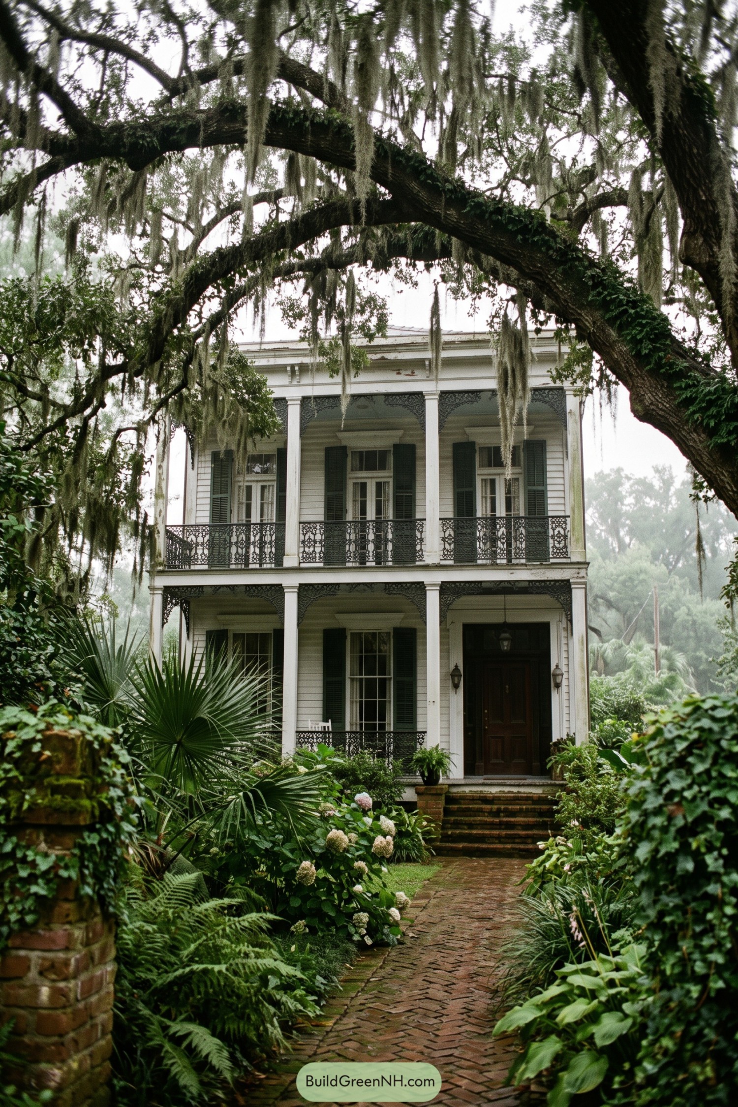 White double gallery home beneath moss-draped oaks