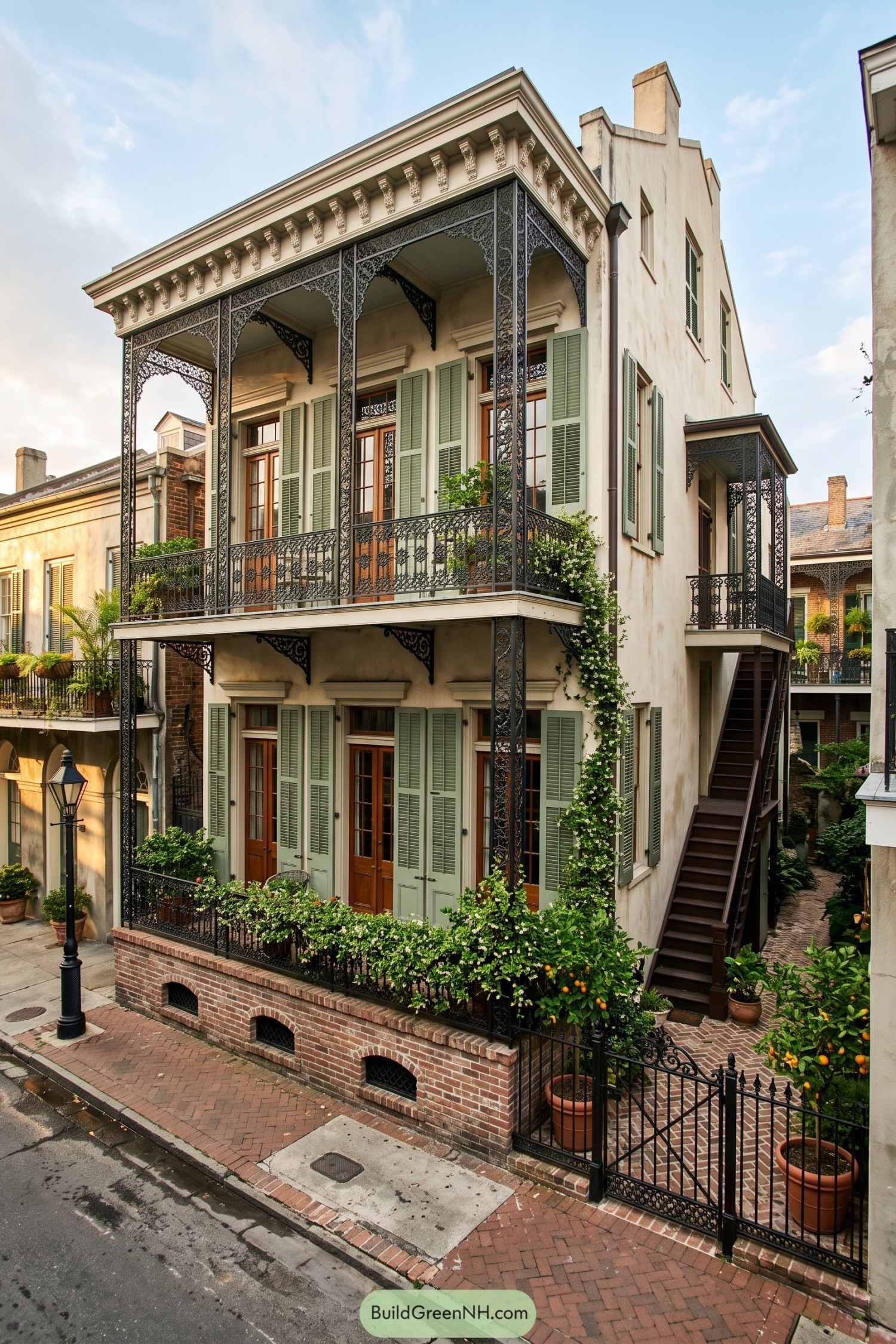 Three-story New Orleans townhome with black iron galleries and sage shutters
