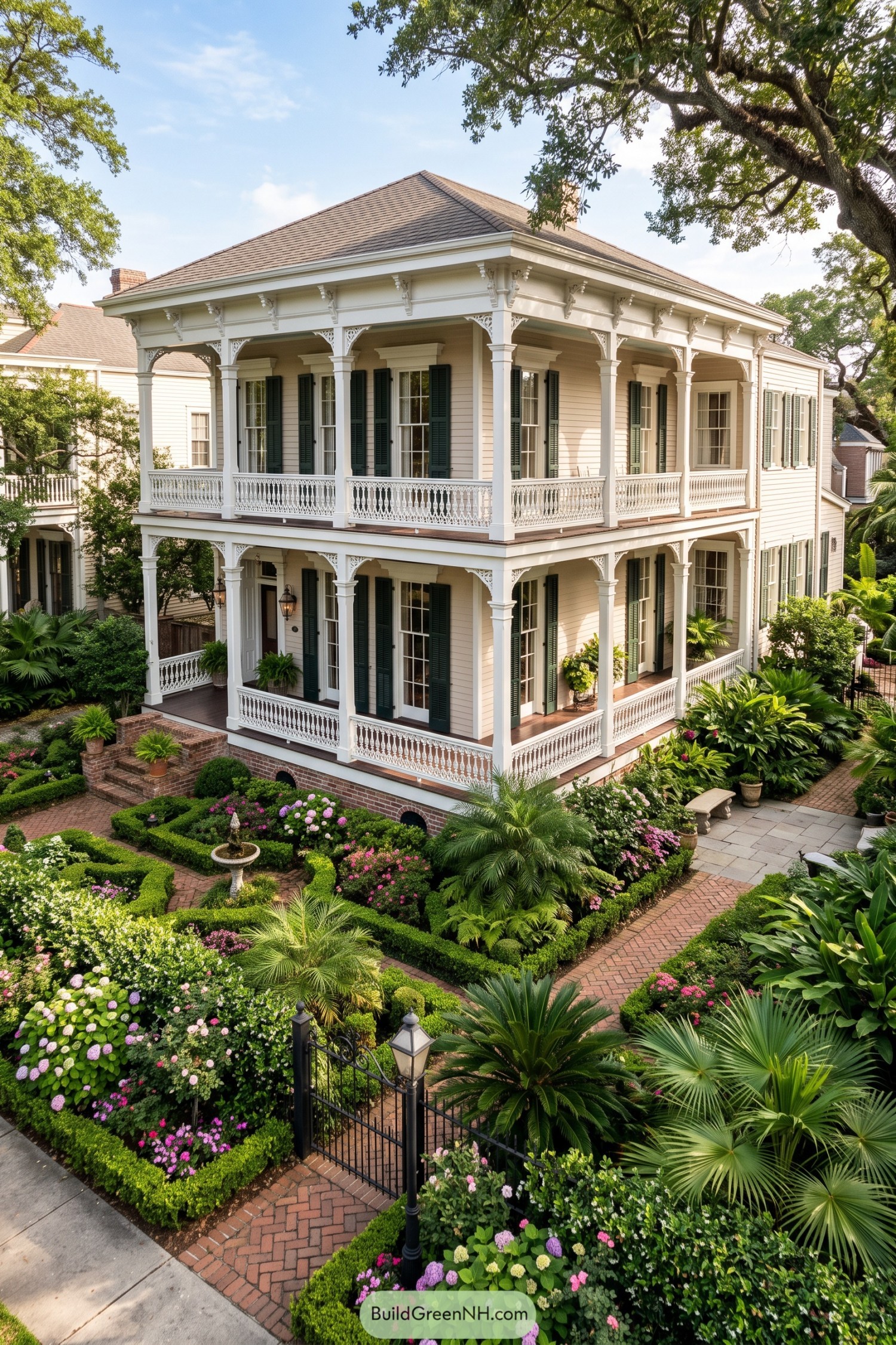 Two-story cream New Orleans house with wraparound galleries and green shutters