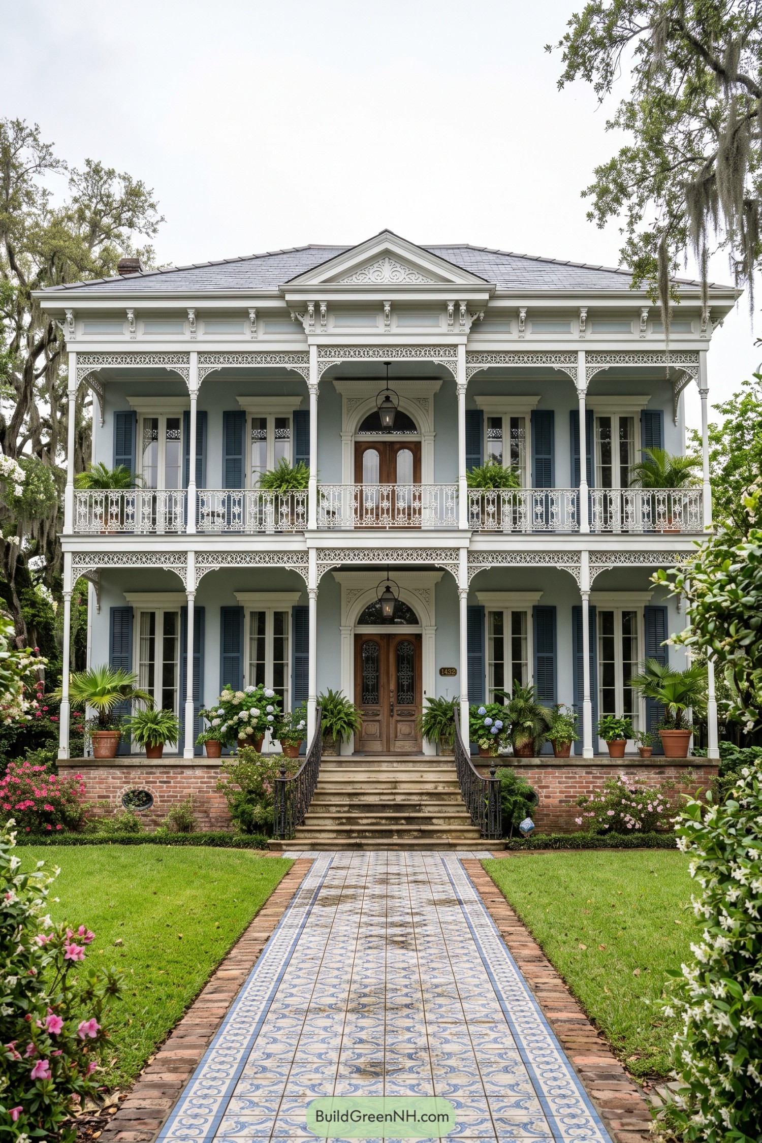 Pale blue double gallery home with ornate white ironwork and tiled walk