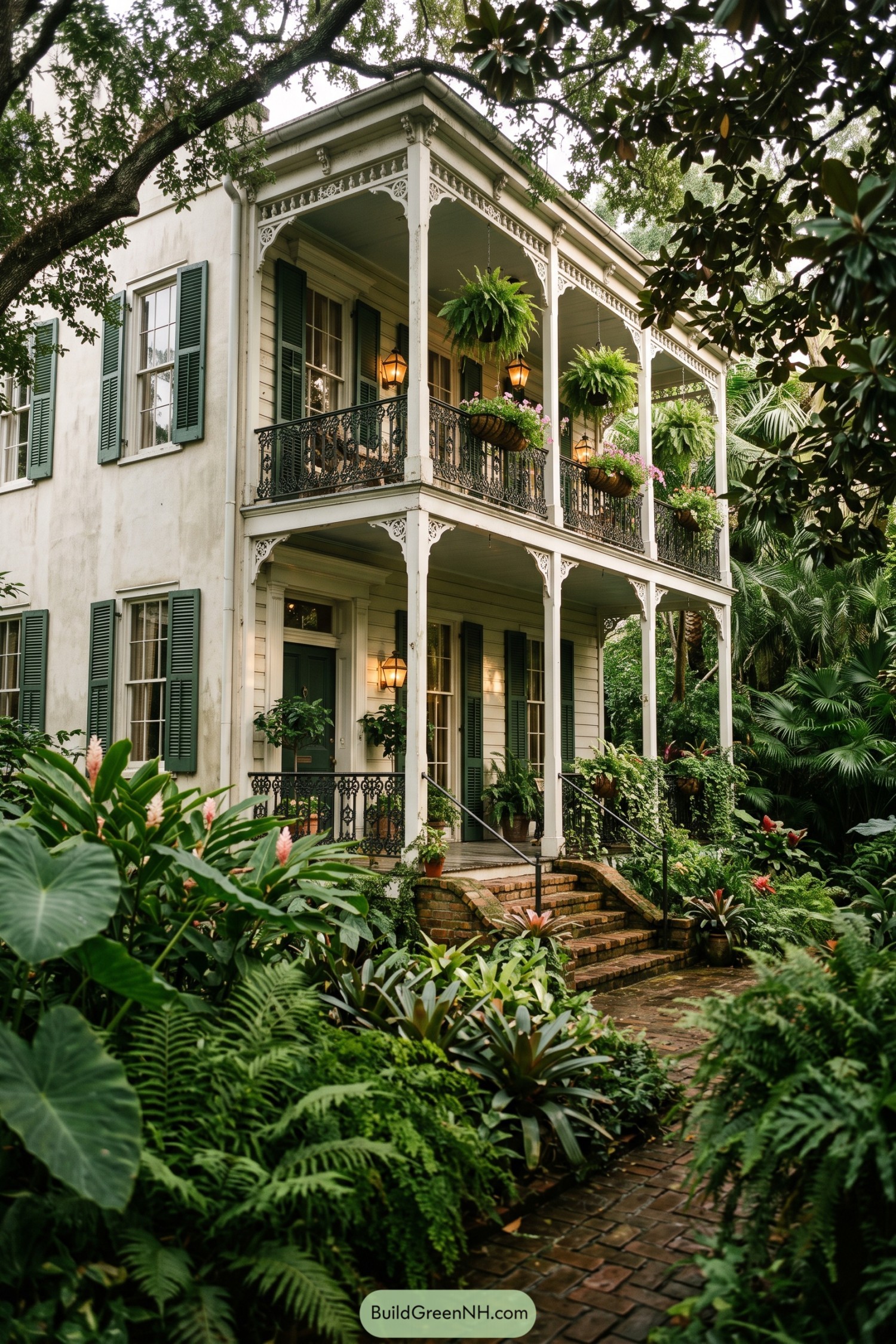 Two-story veranda house with green shutters and tropical garden