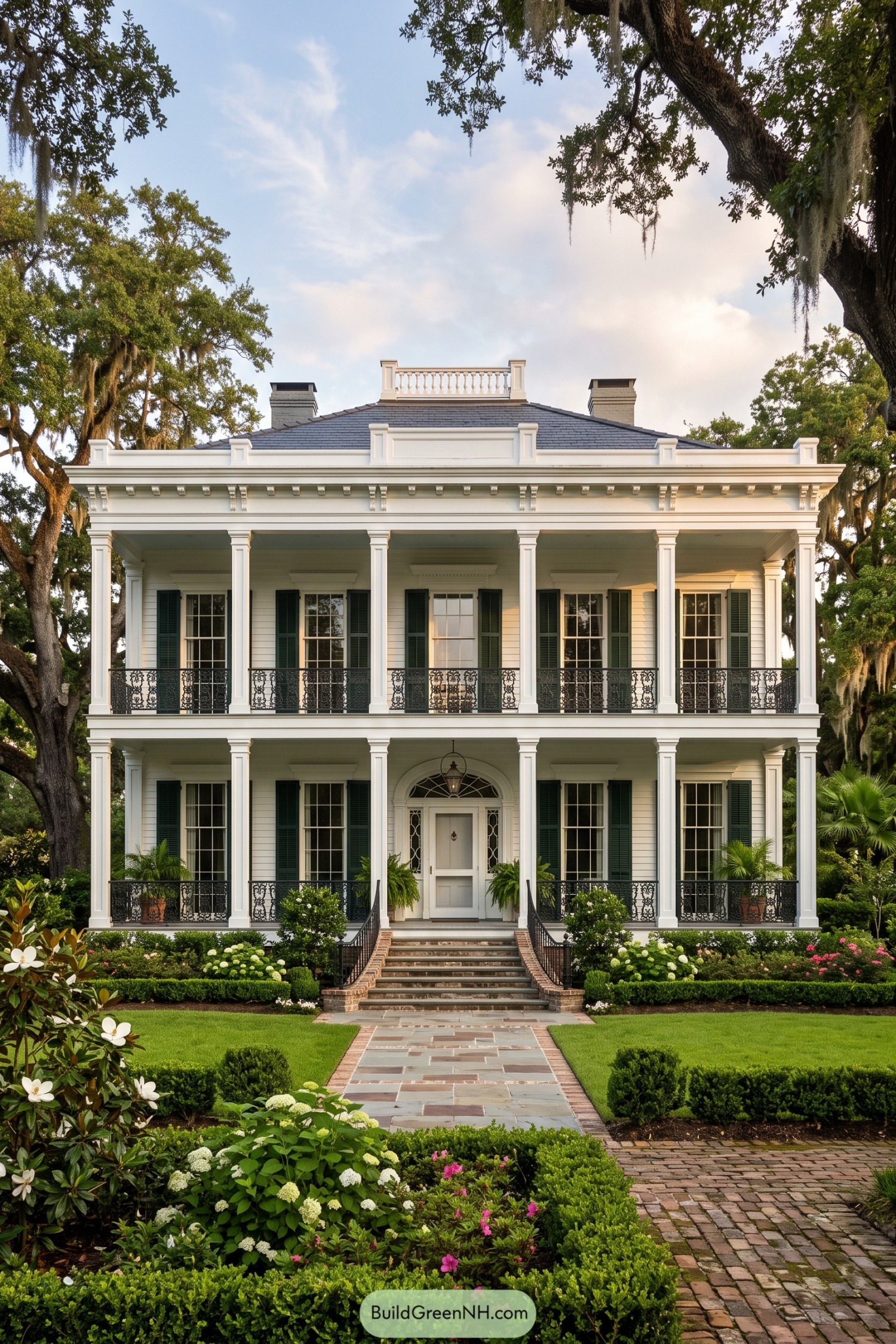 White double gallery home with green shutters and iron railings