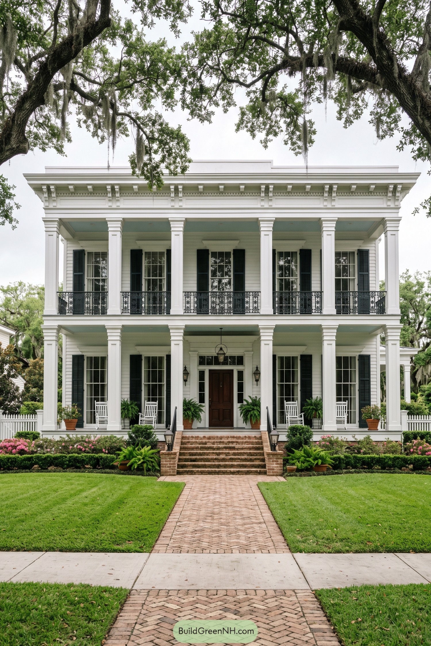 White double gallery home with tall columns and black shutters
