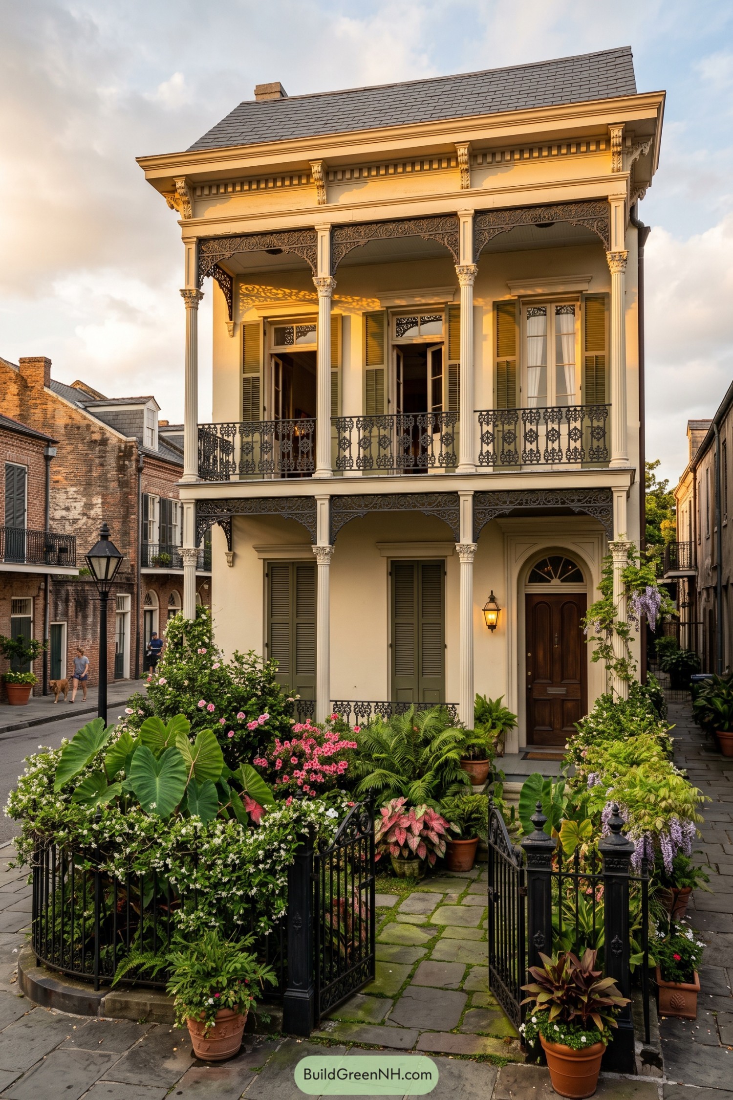 Cream New Orleans house with stacked iron balconies and lush garden