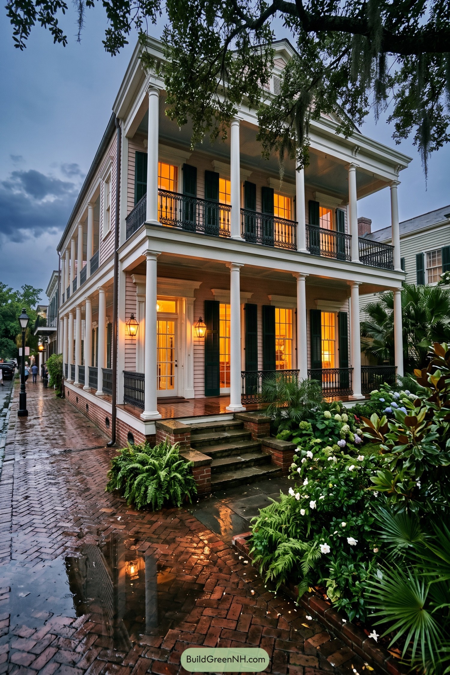 Three-story New Orleans house with wraparound galleries and green shutters