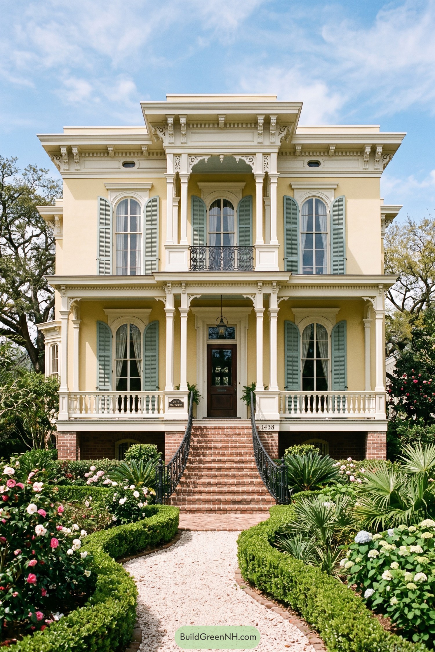 Pale yellow raised New Orleans home with porches and green shutters