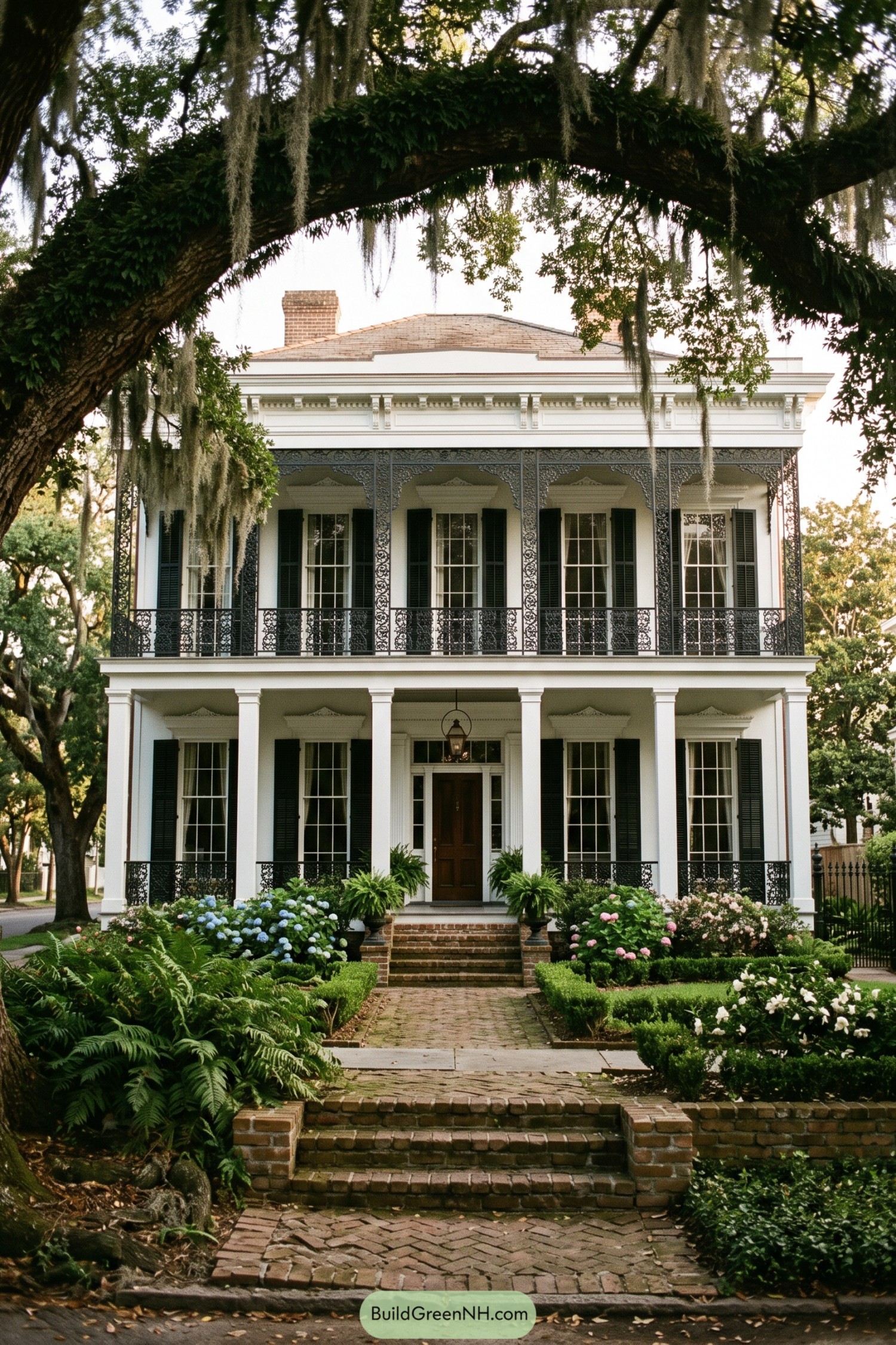 White two story New Orleans house with iron balconies and shuttered windows