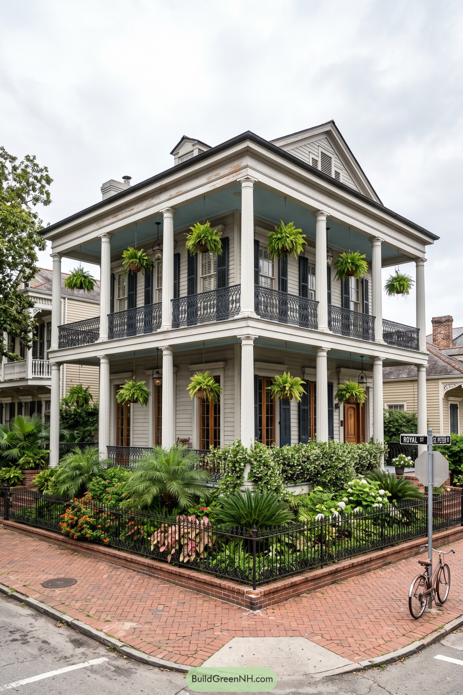 Two-story New Orleans home with columns and fern-filled balconies