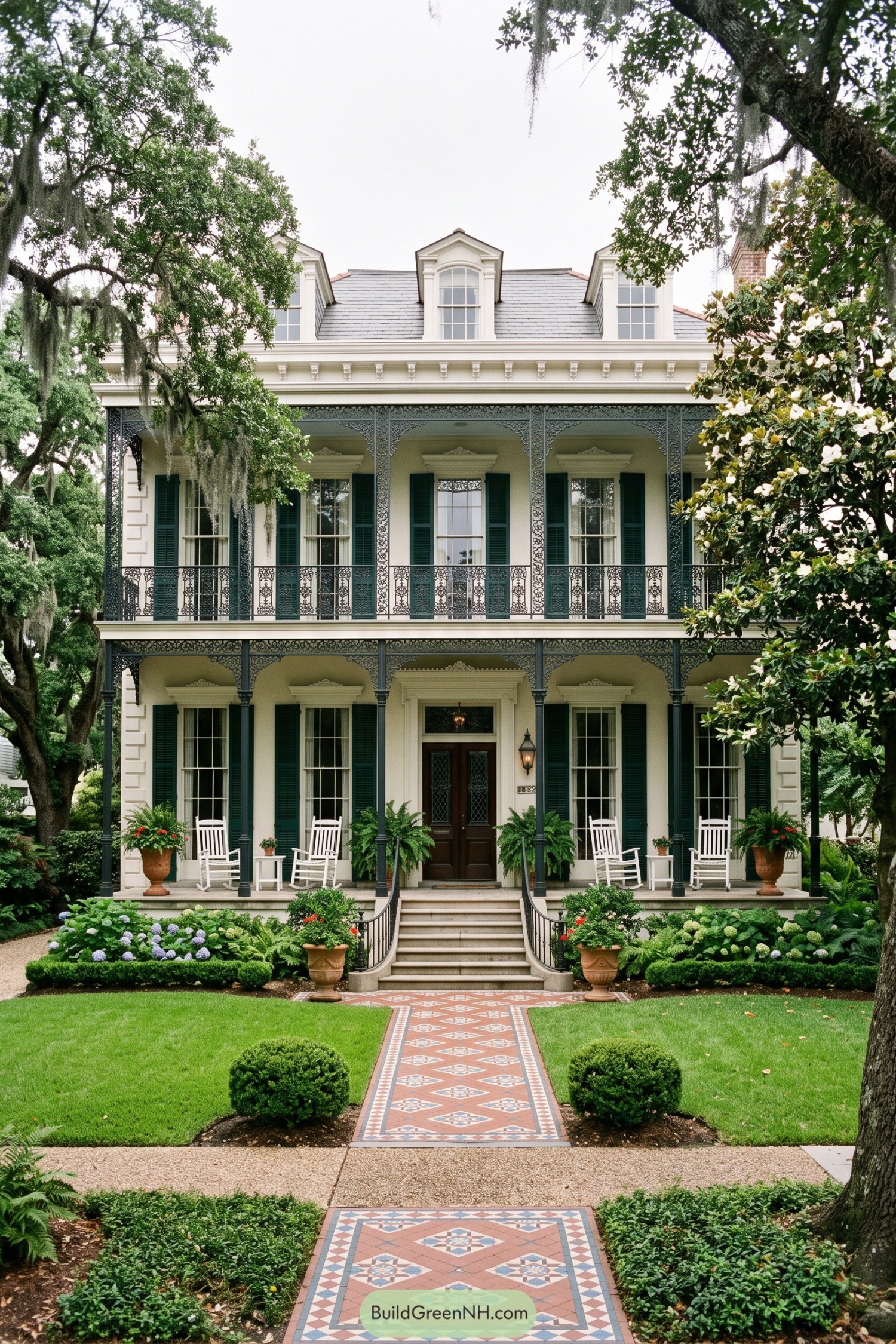 Three-story cream house with green iron balconies