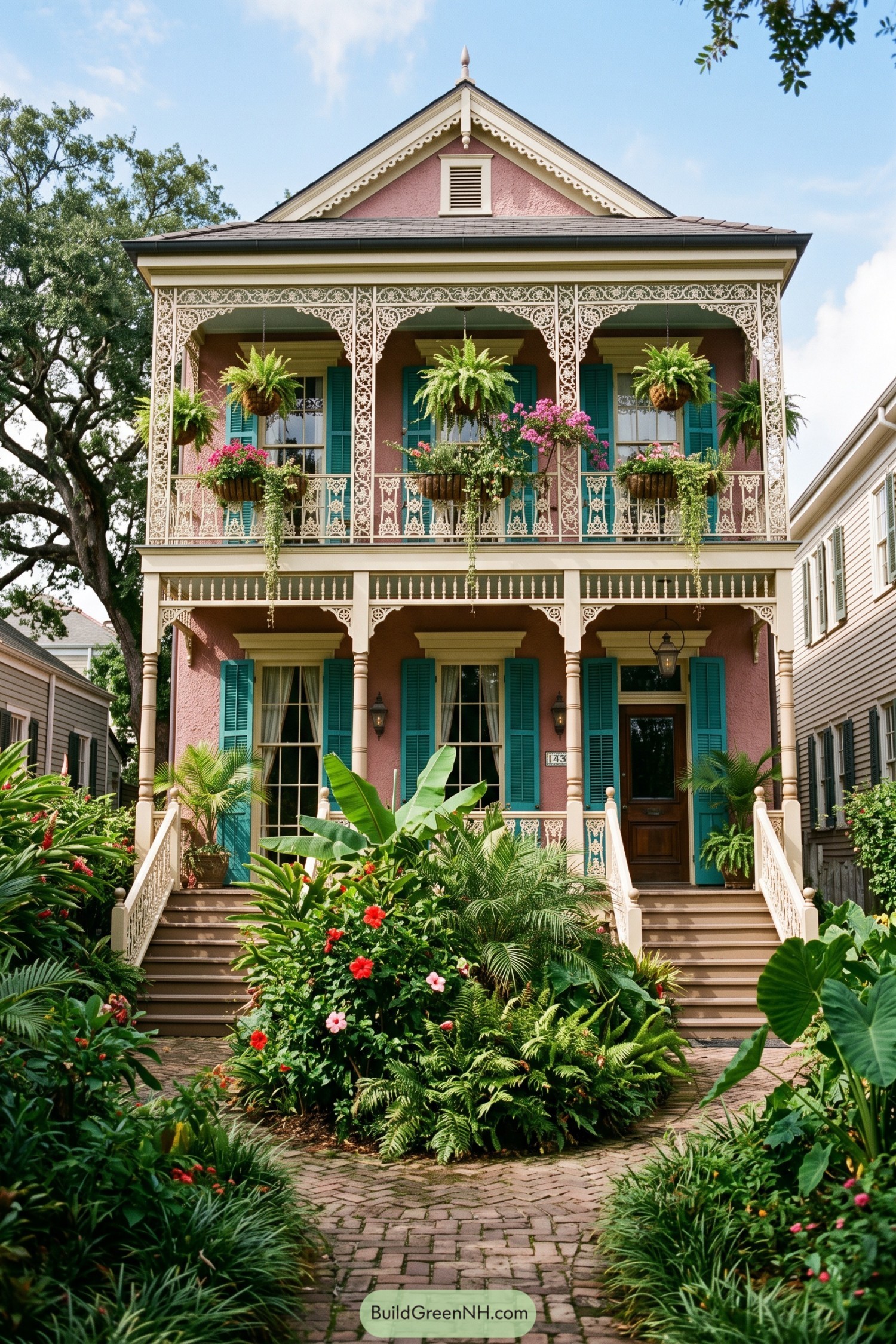 Pink stucco New Orleans home with turquoise shutters and ornate double porches