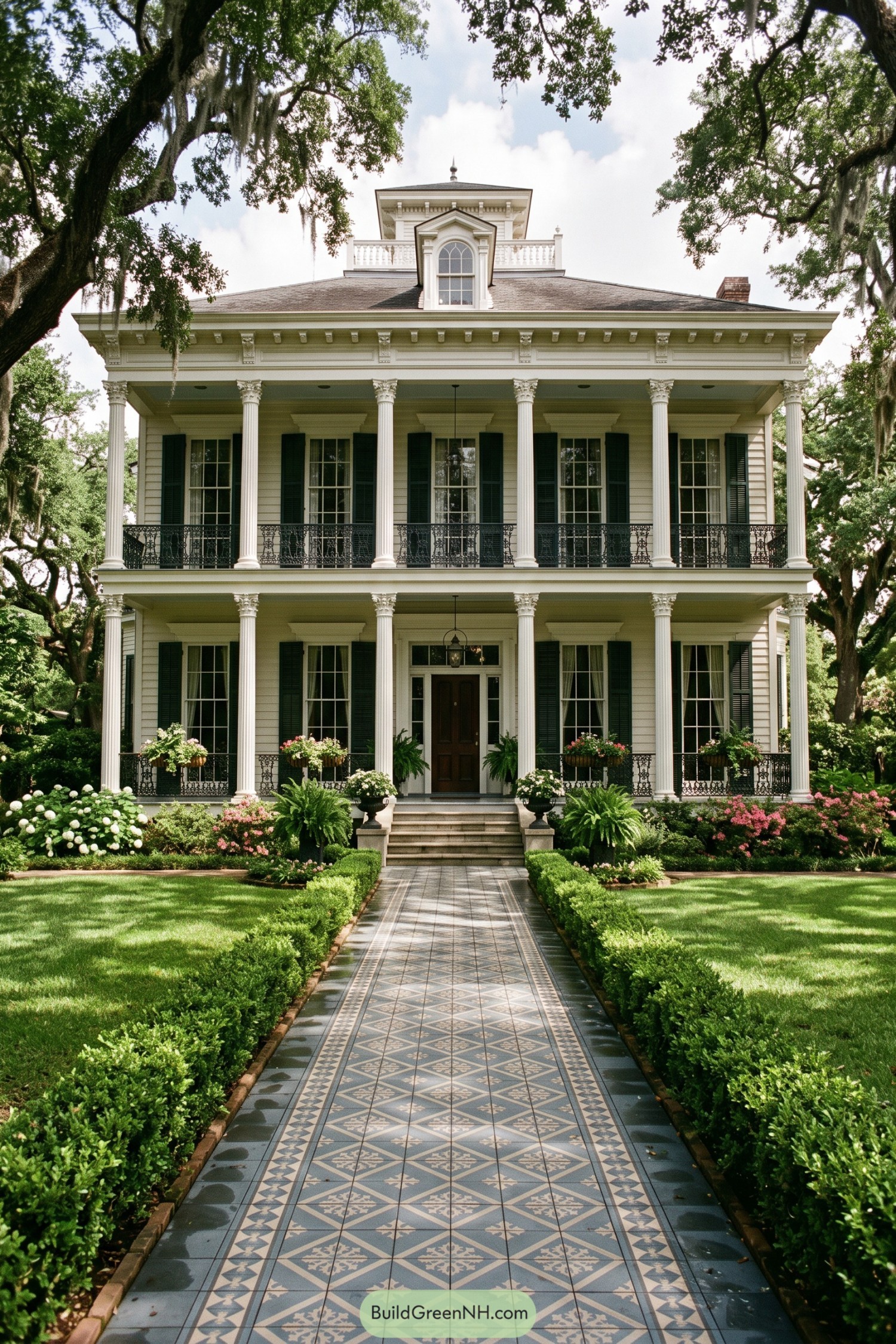 Two-story Creole Colonial home with columned galleries and a tiled garden walk