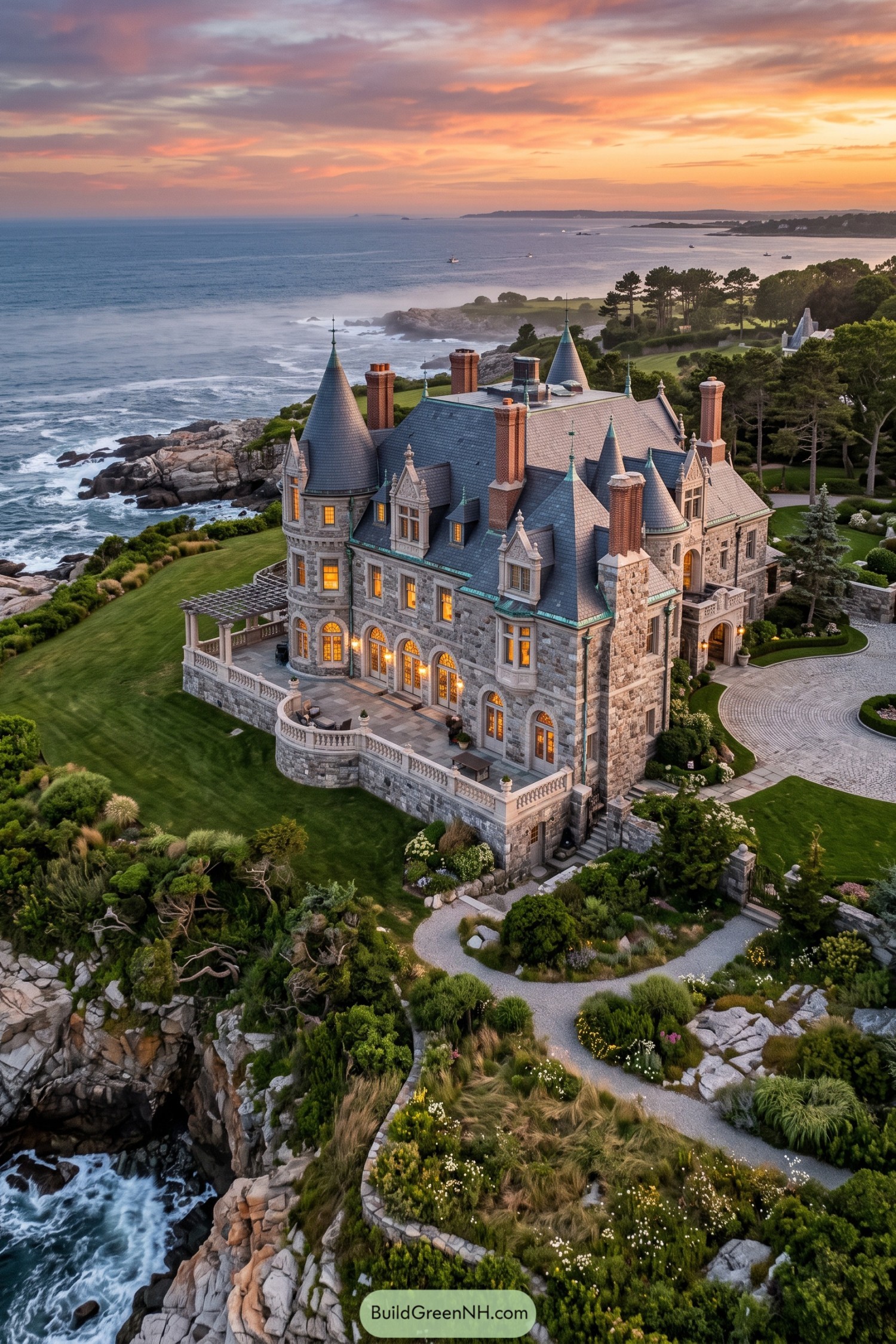 Stone château mansion perched above a rocky ocean shoreline