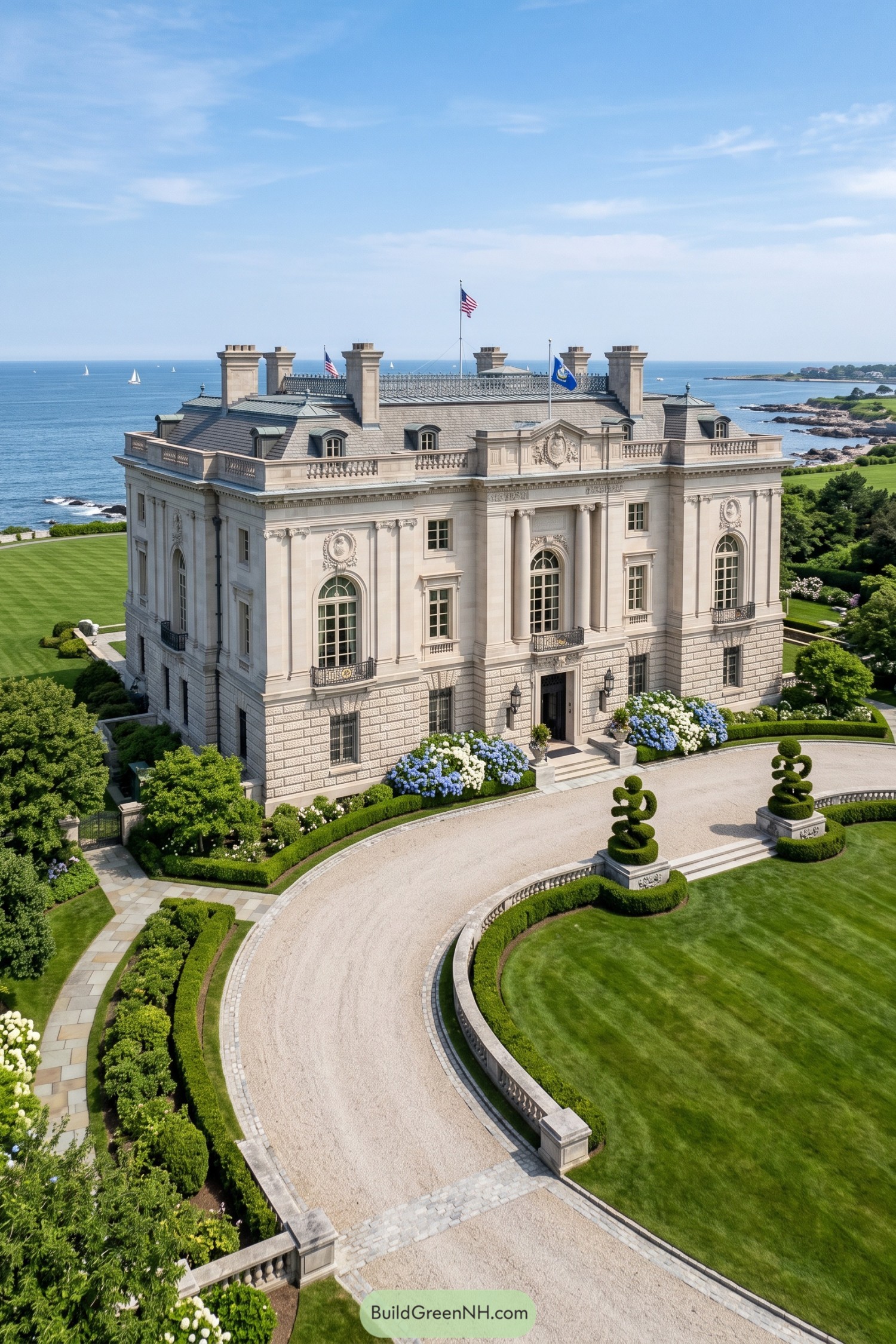Grand limestone mansion with formal gardens overlooking the Atlantic