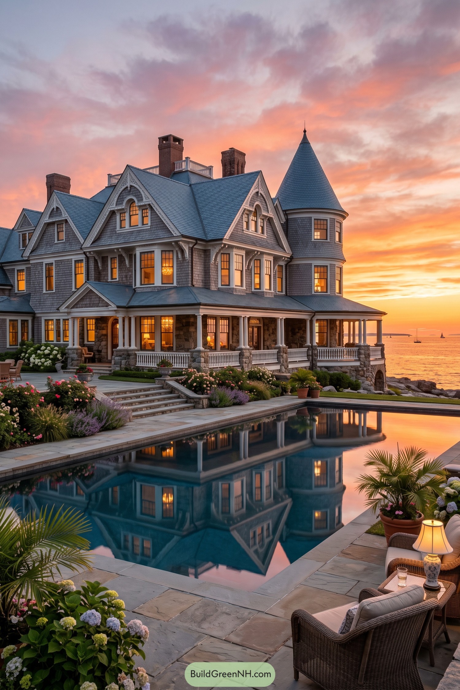 Victorian shingle mansion with a round tower beside a coastal pool at sunset
