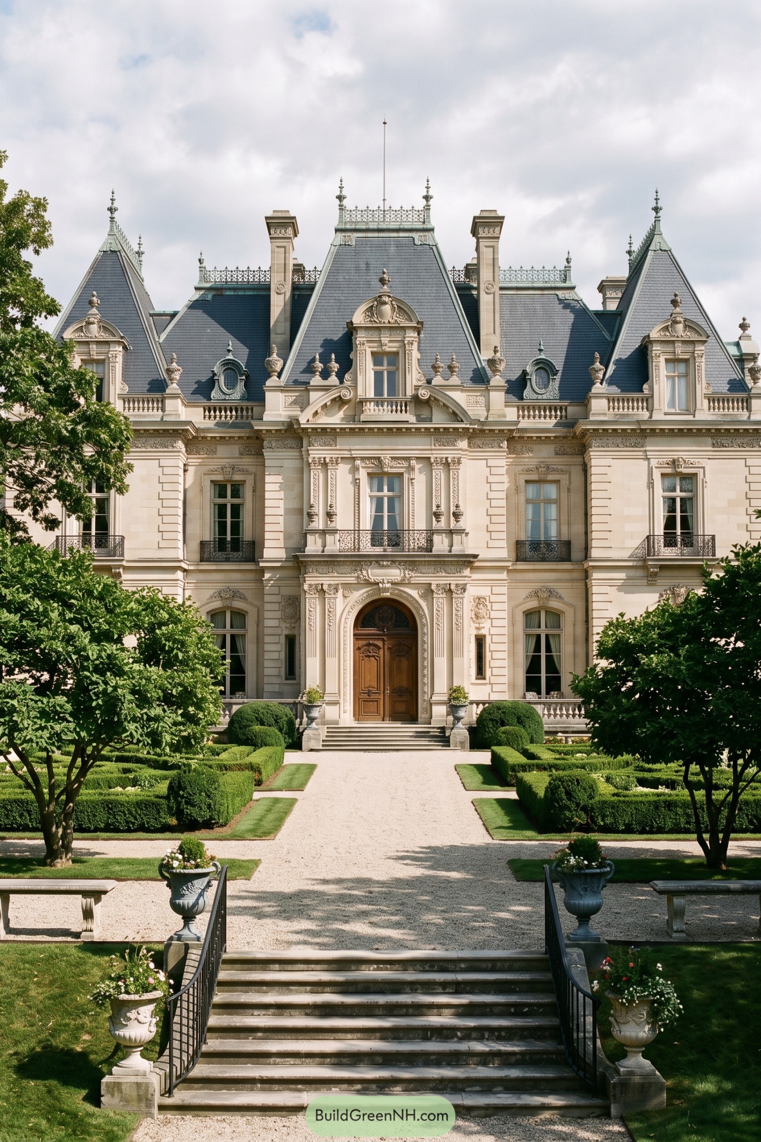 Second Empire mansion with ornate limestone facade and formal boxwood garden