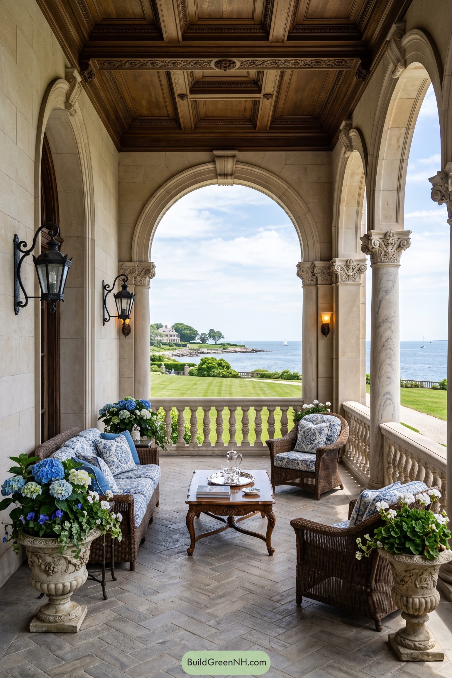Arched marble loggia with wicker seating overlooking the ocean