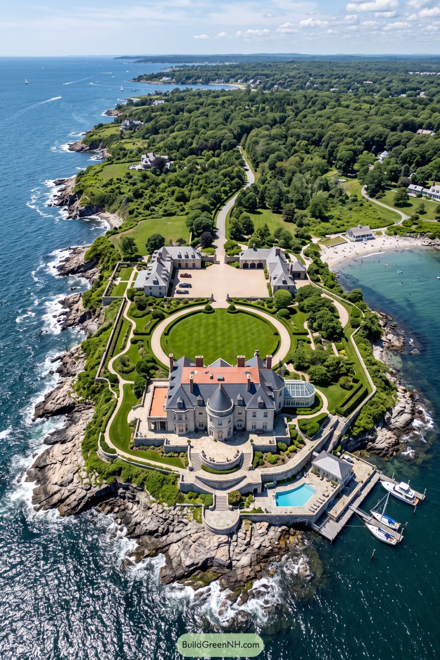 Aerial view of a grand stone mansion on a rocky peninsula with formal gardens pool and private dock