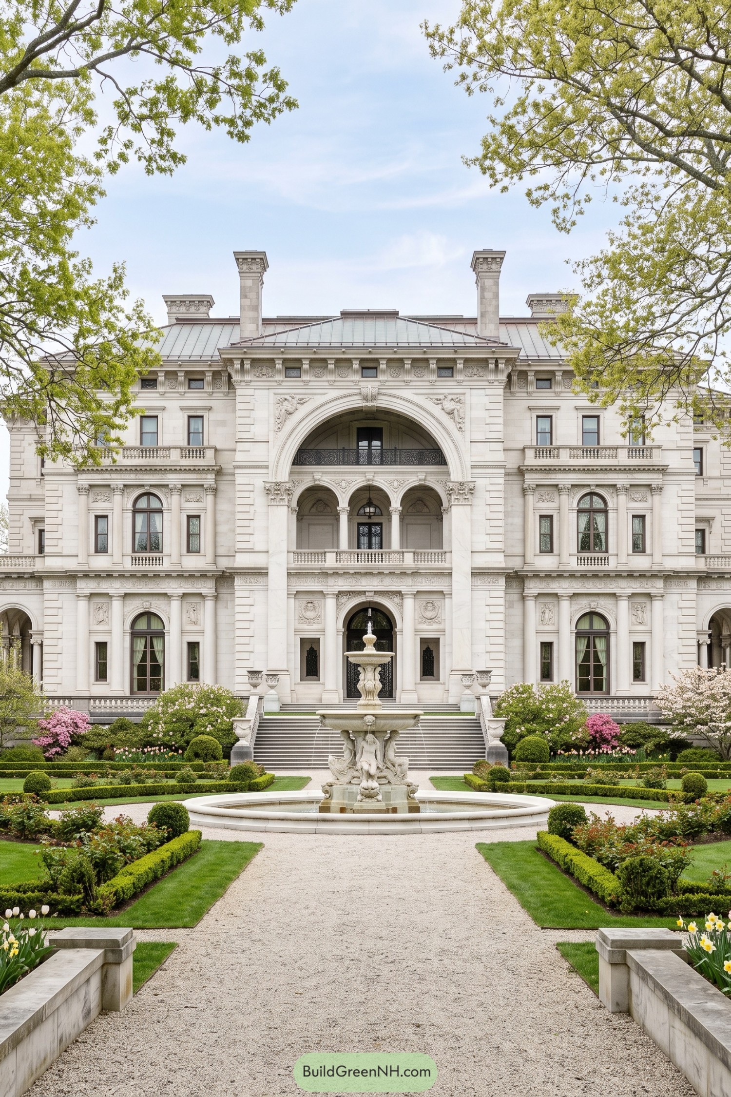 Pale stone villa with monumental arch and formal fountain garden