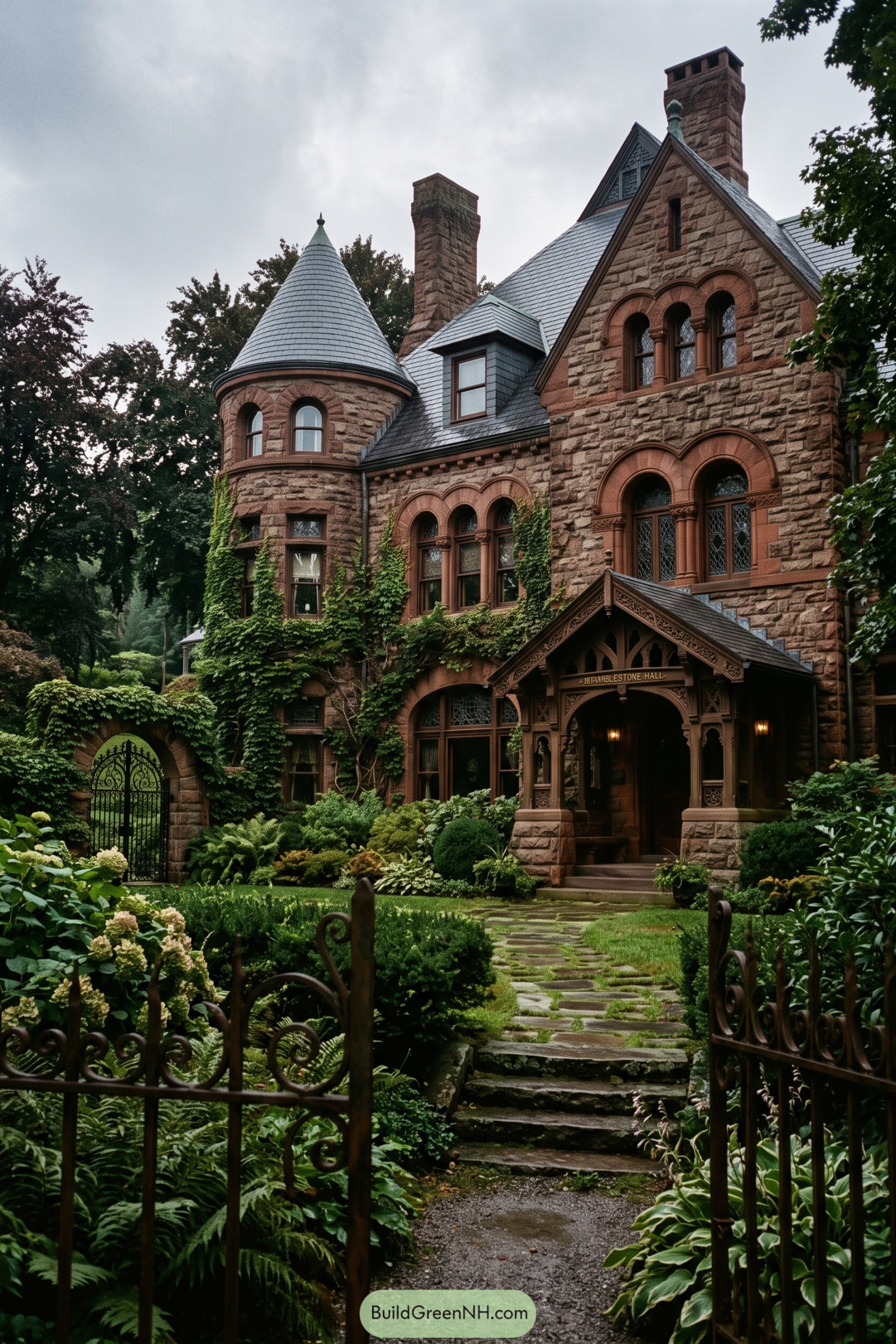 Stone Romanesque mansion with turret and ivy garden
