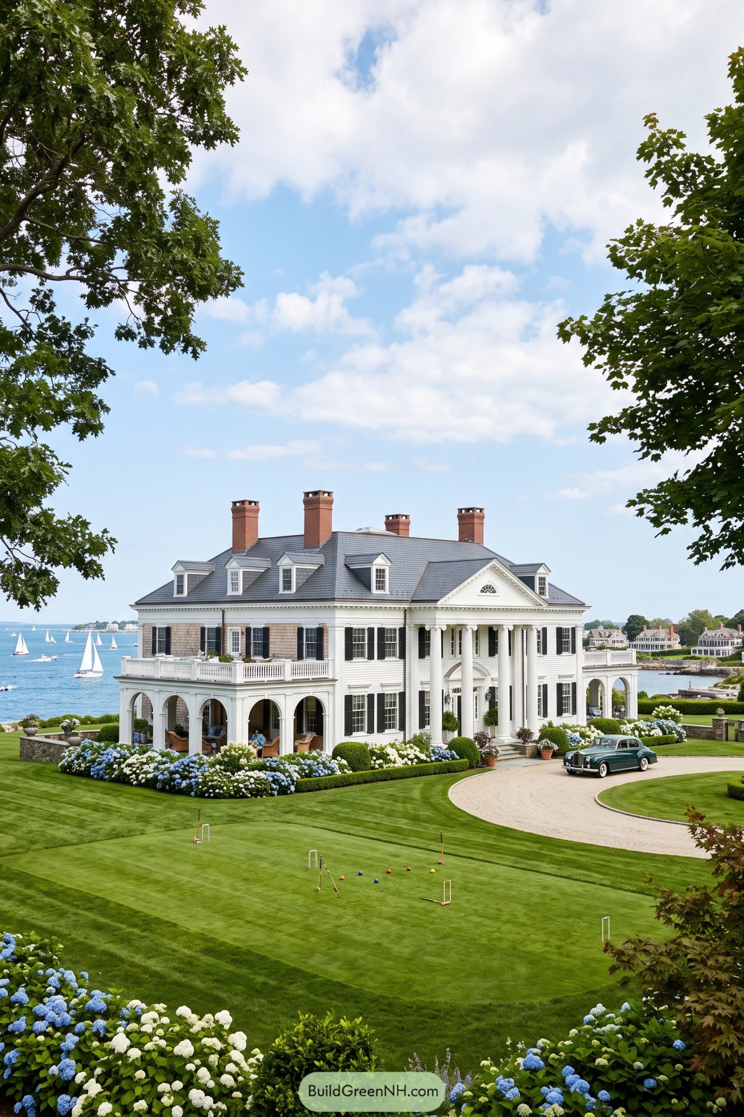 White waterfront mansion with columns hydrangeas and croquet lawn
