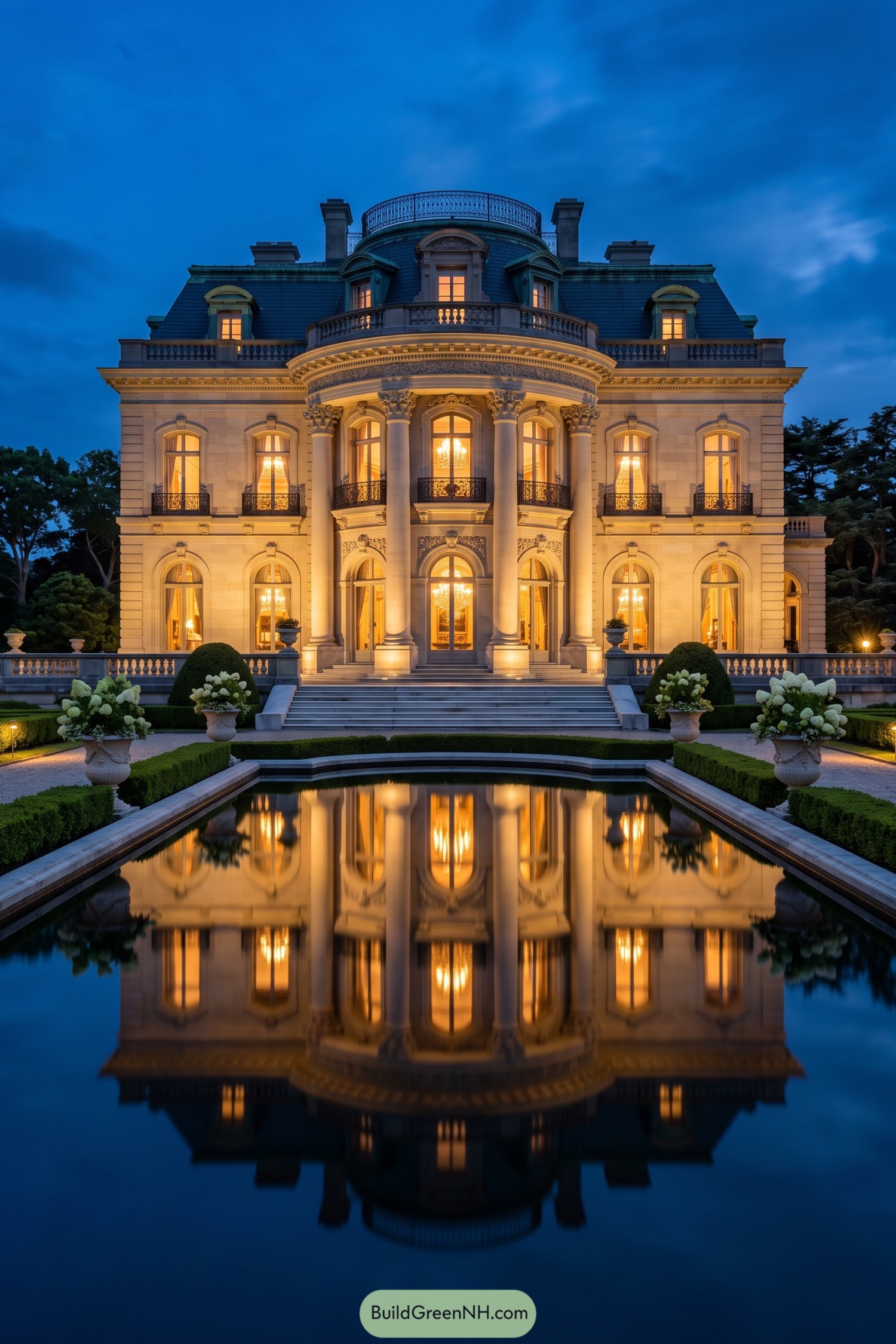 Illuminated limestone mansion with a curved portico reflected in a formal pool at dusk