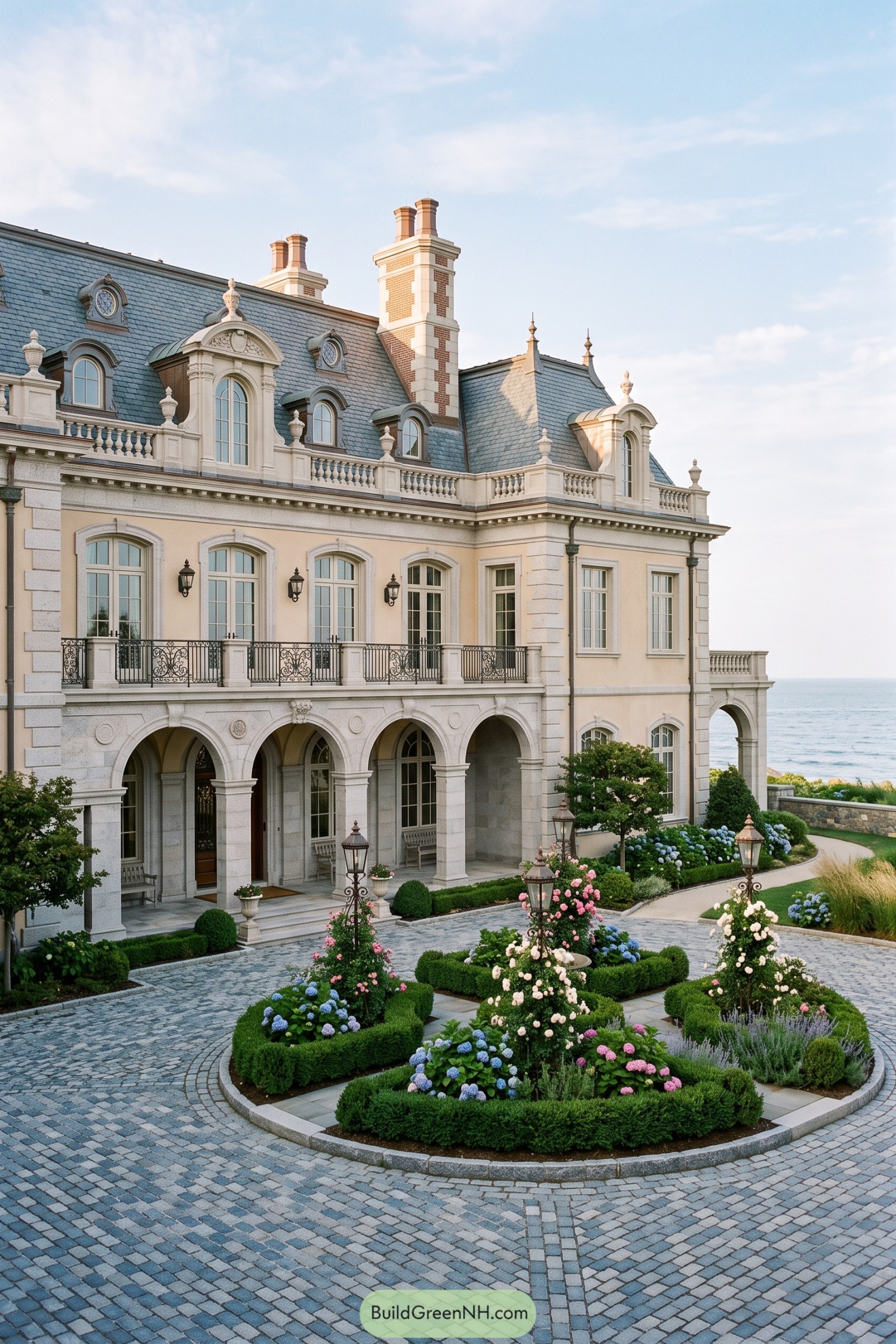 Second Empire seaside mansion with arched stone arcade and formal flower court