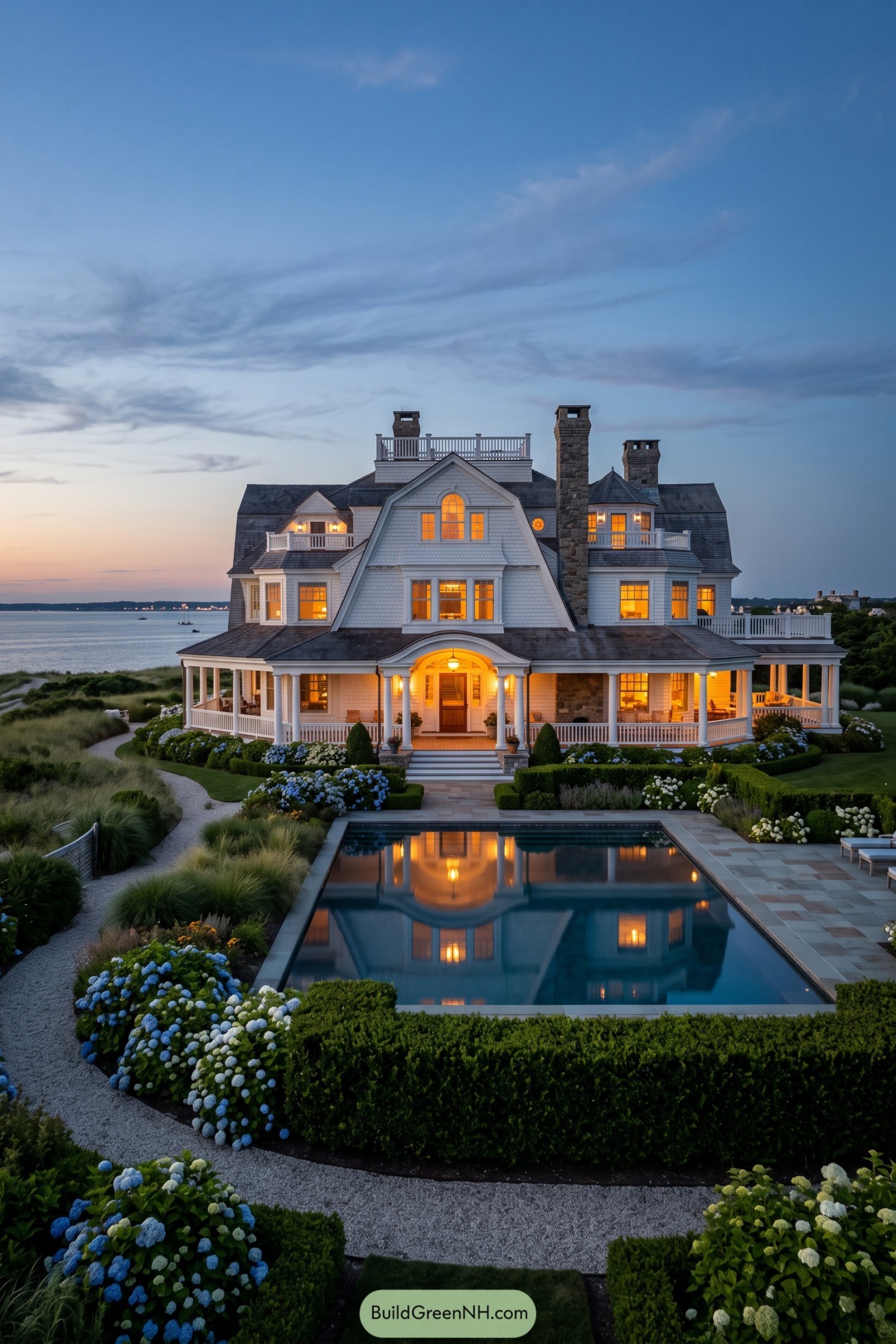 Shingle-style waterfront home with pool and gardens at dusk