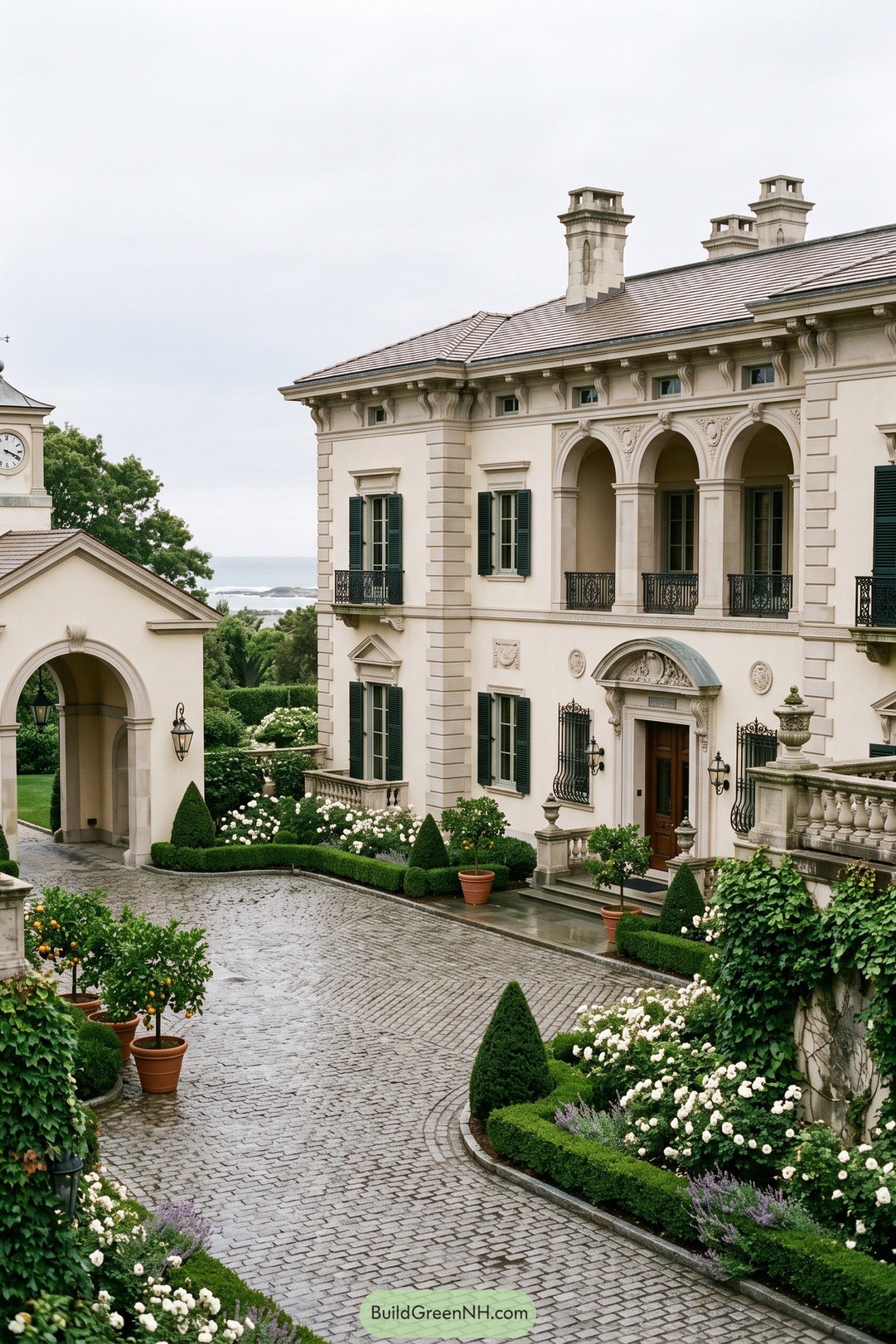 Italianate mansion with arched loggia and formal garden courtyard