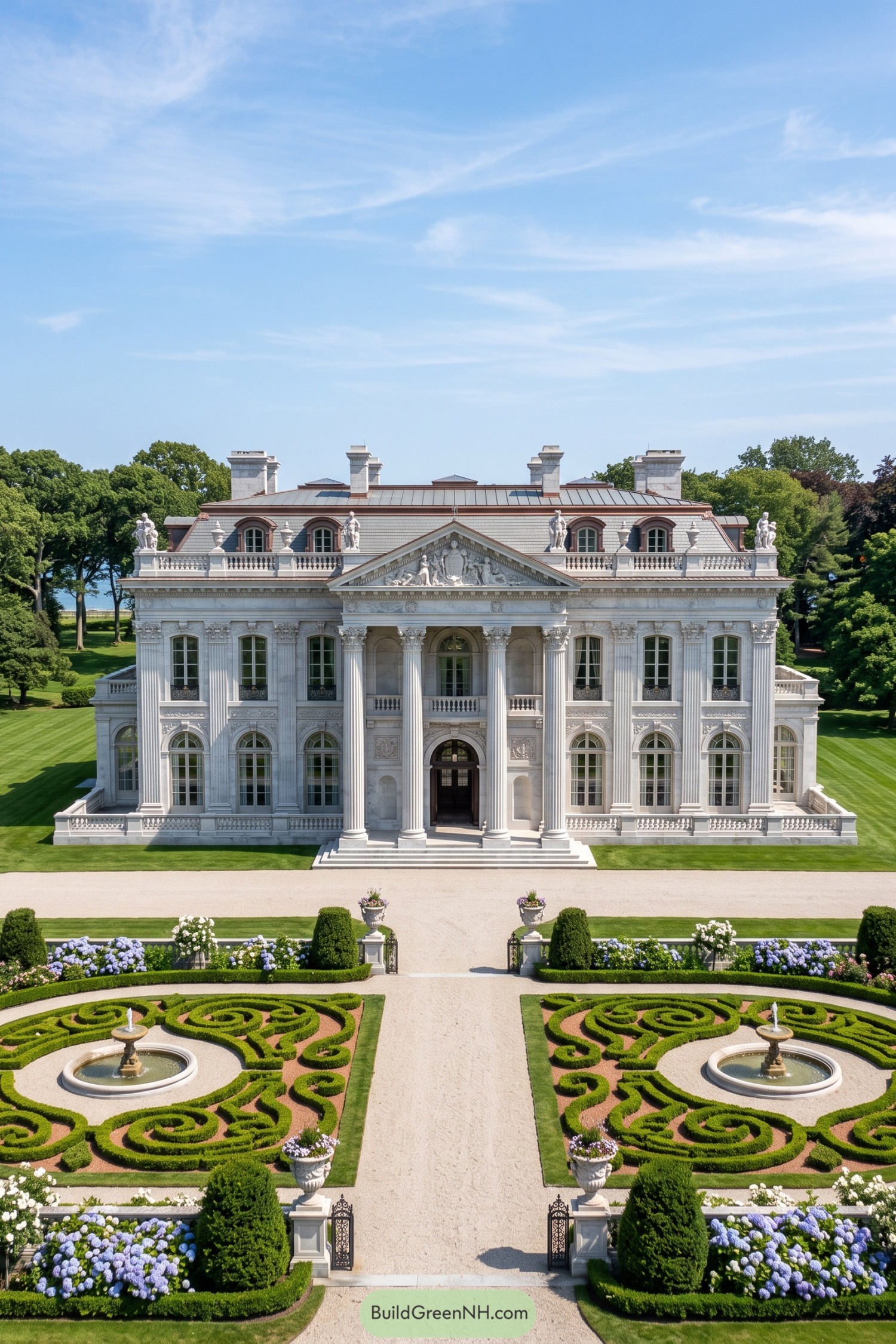 Grand white stone mansion with columned portico and formal fountains