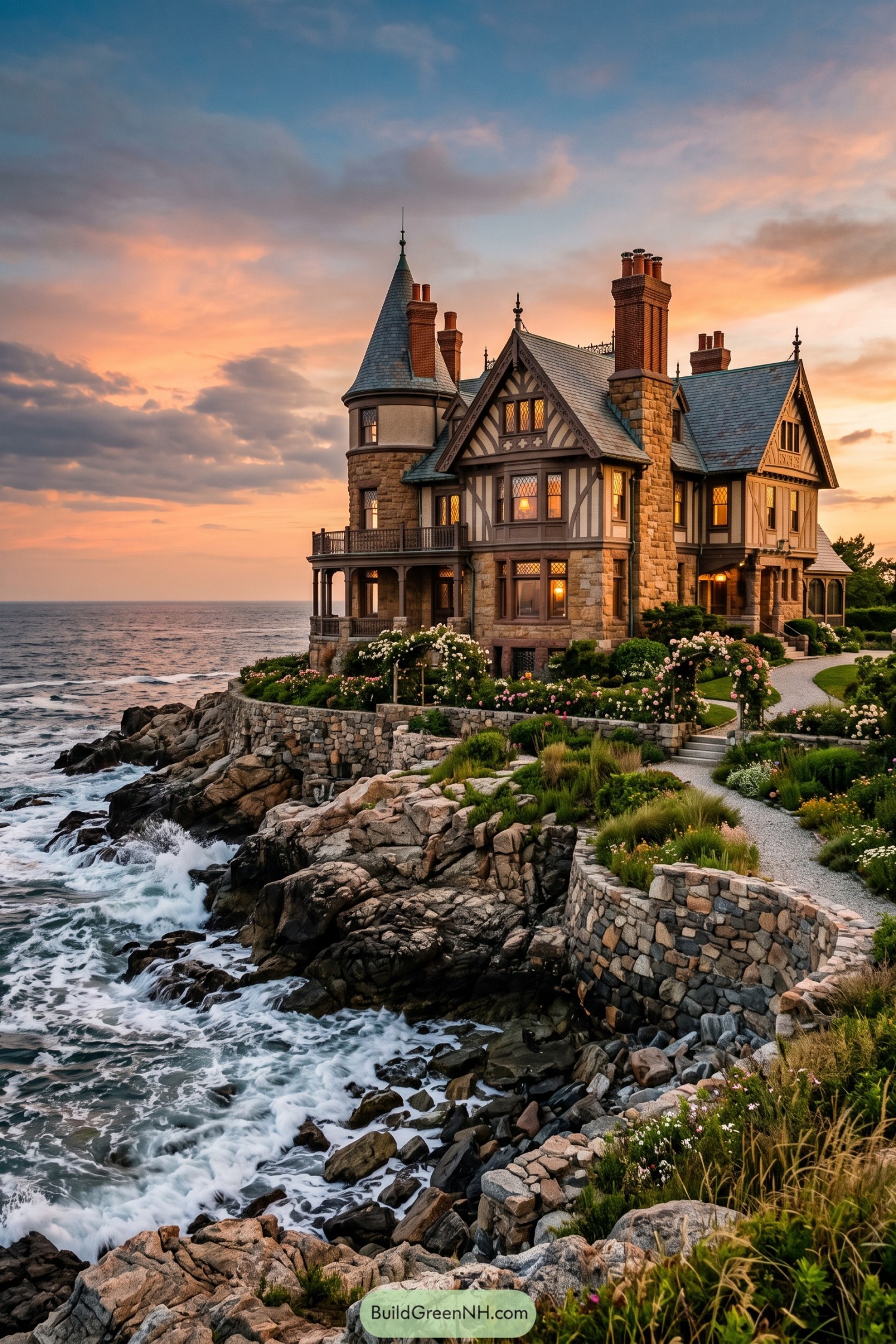 Tudor style stone mansion overlooking a rocky shore