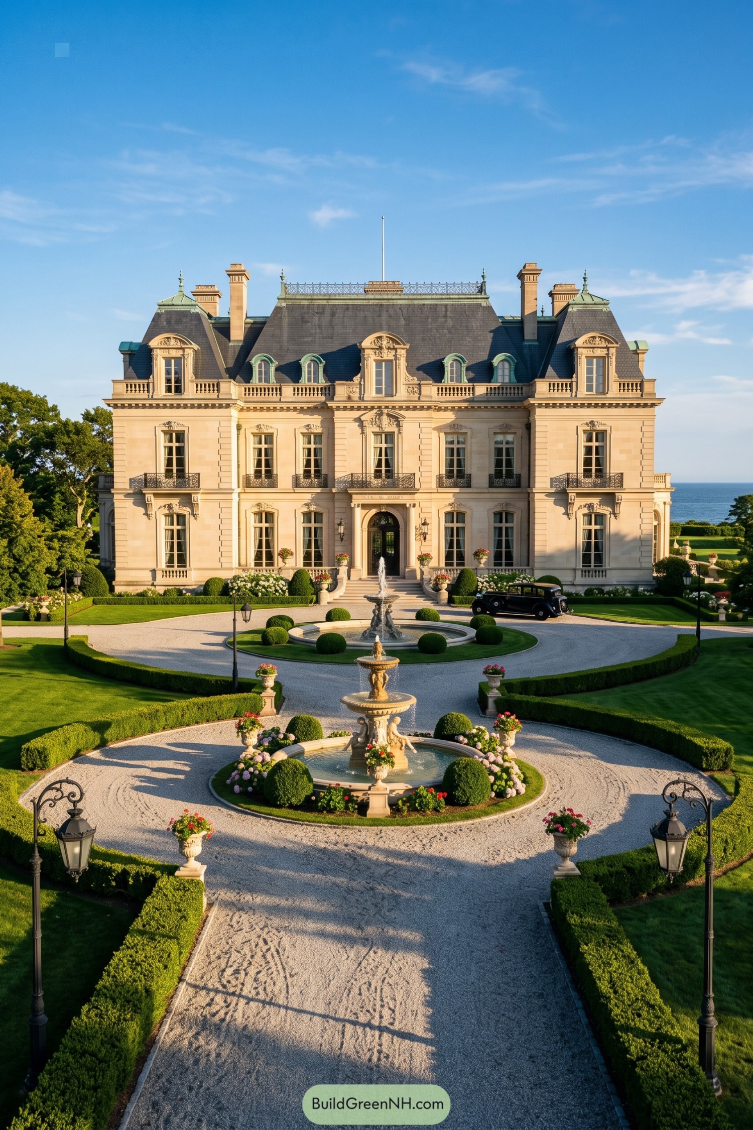 Grand limestone mansion with formal fountains and seaside grounds