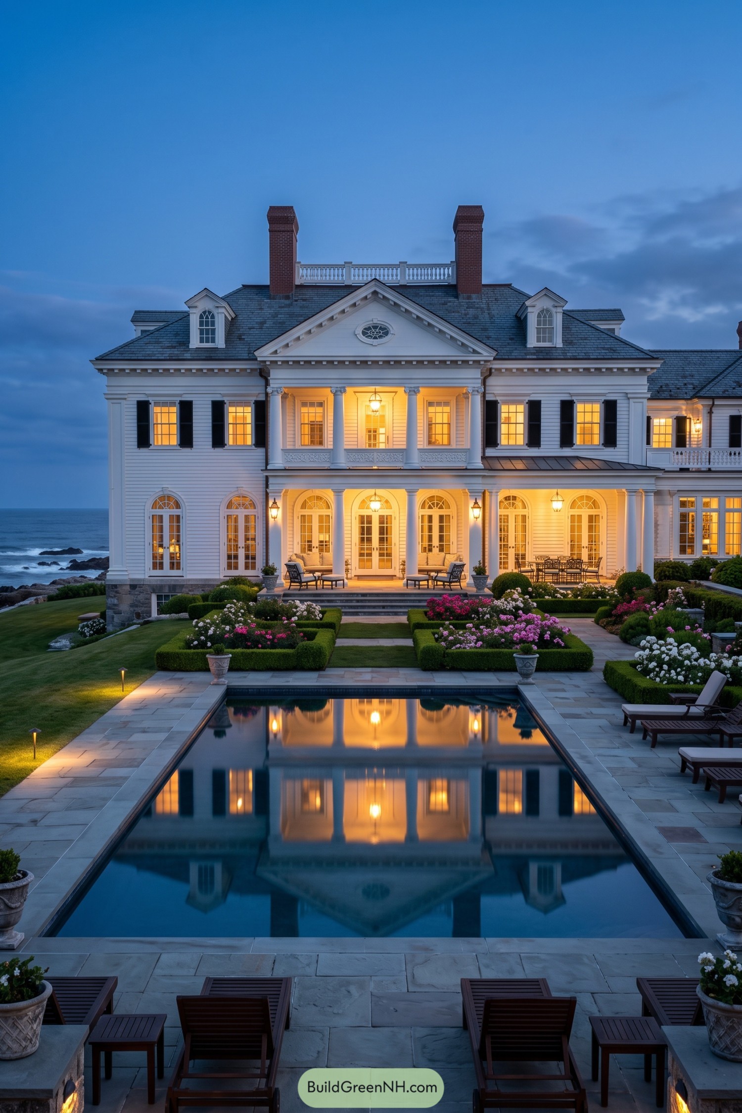 White Colonial mansion with columned porch overlooking a pool and ocean