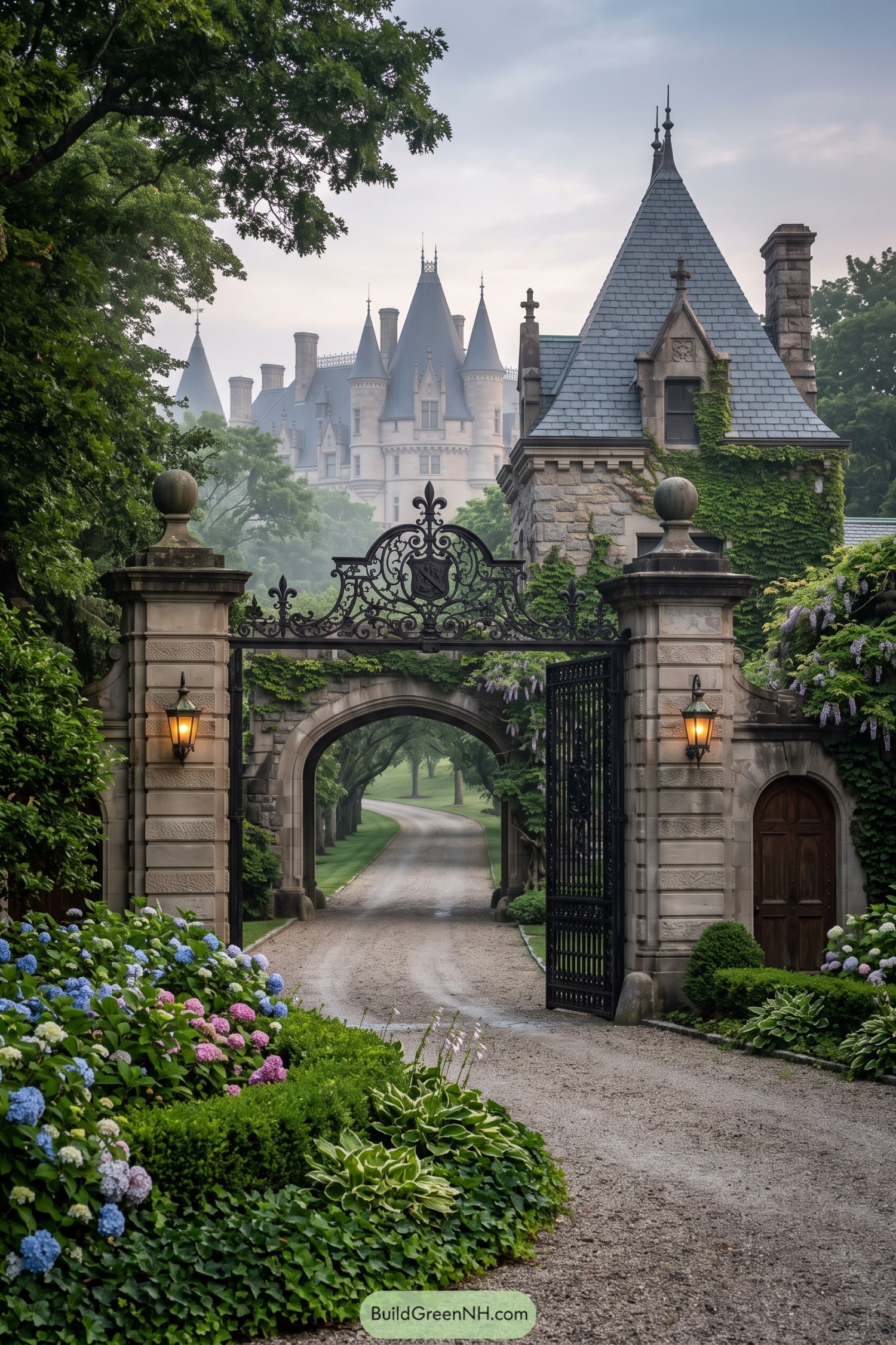 Ornate iron gate leading to a turreted stone mansion