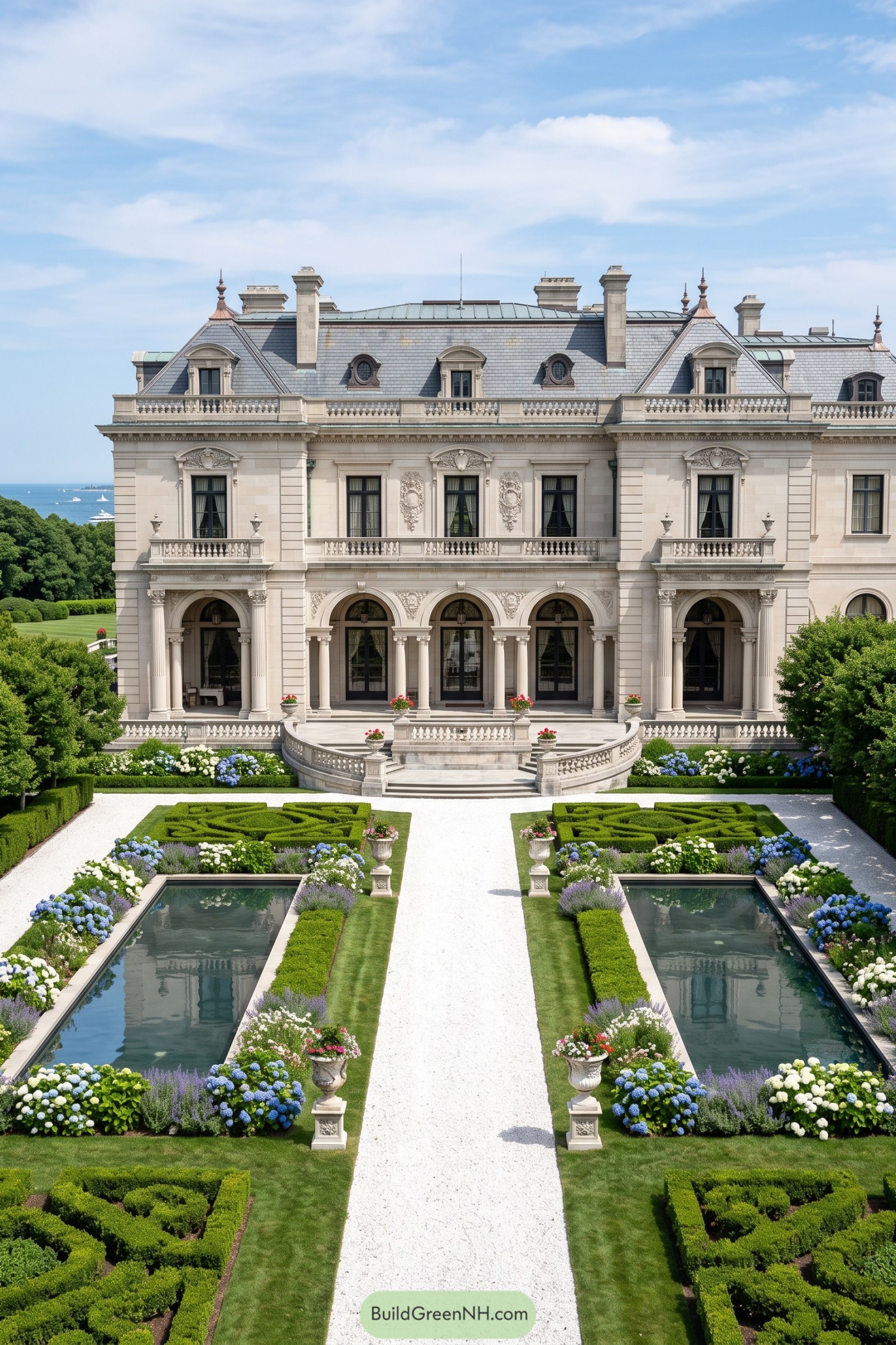 Limestone mansion with formal reflecting pools and parterre gardens
