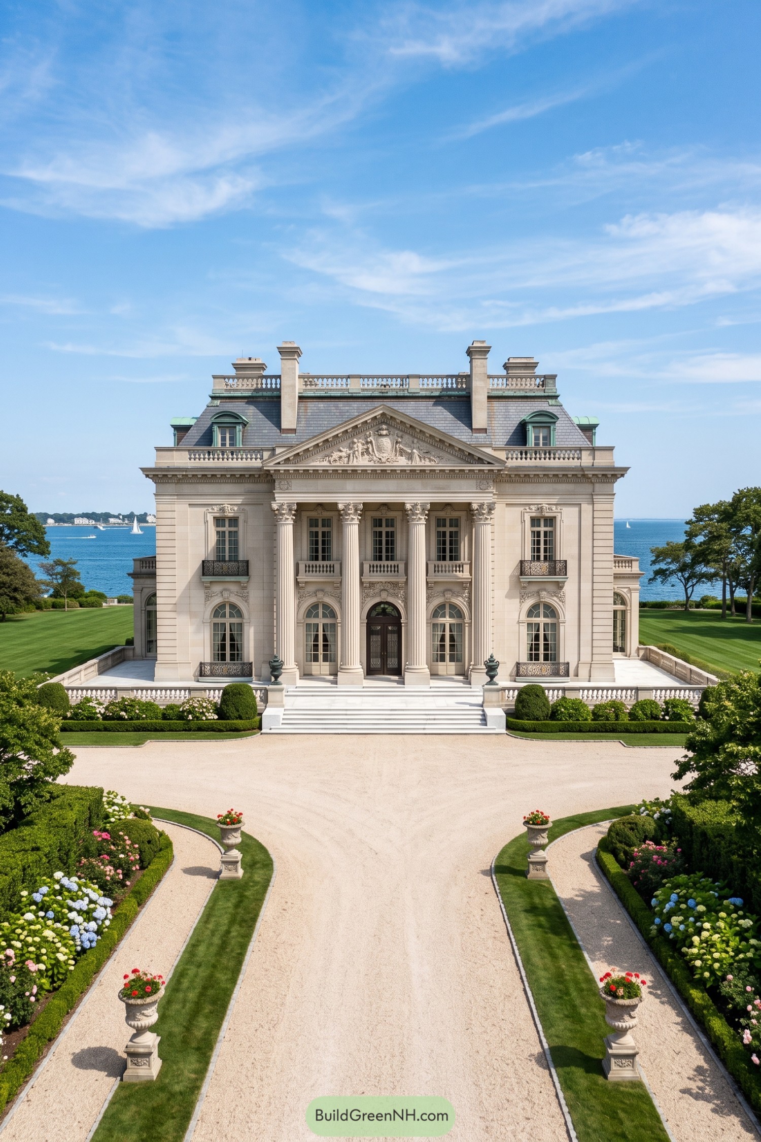 Grand limestone villa with columns overlooking the ocean