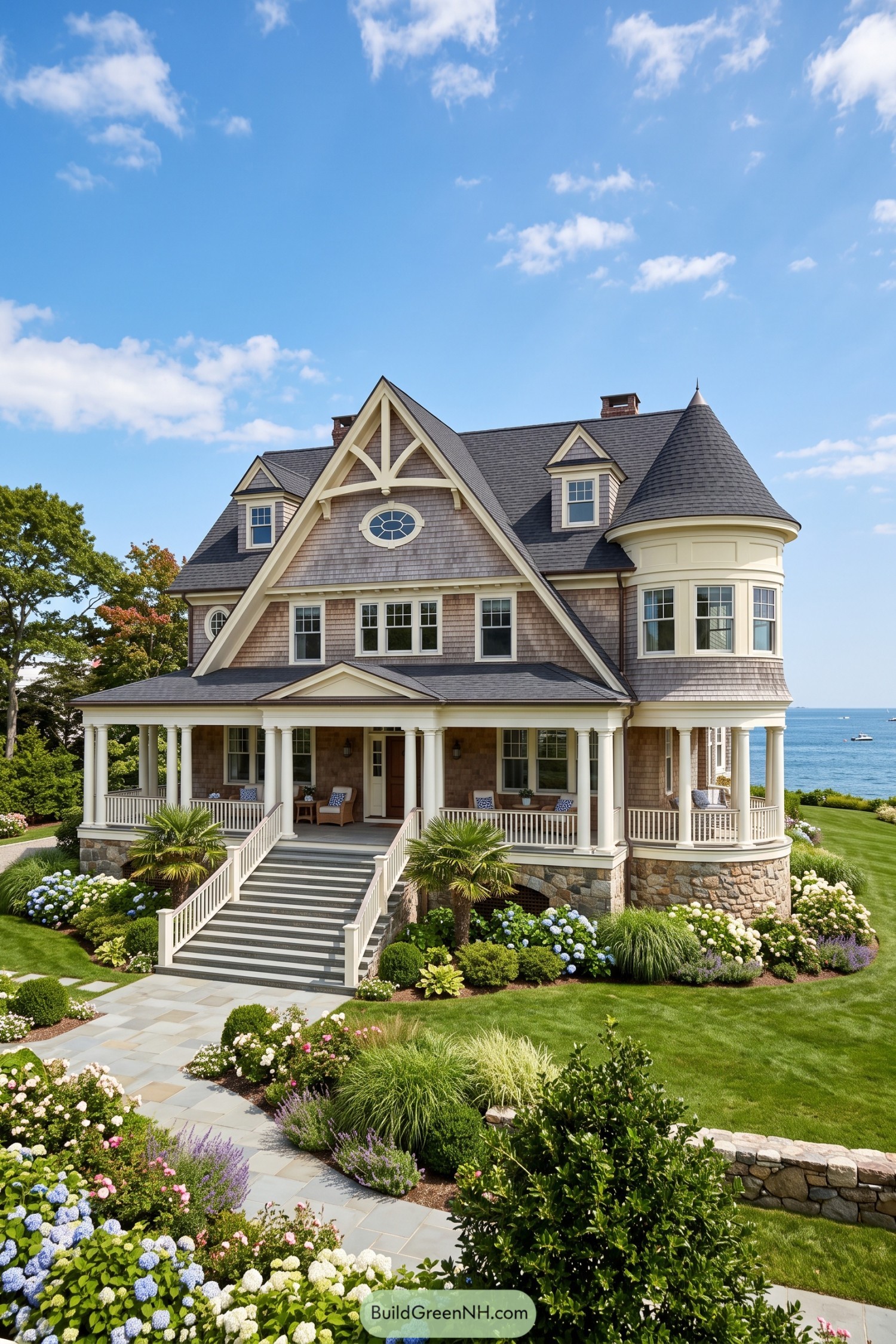 Shingle house with turret and wraparound porch overlooking the sea