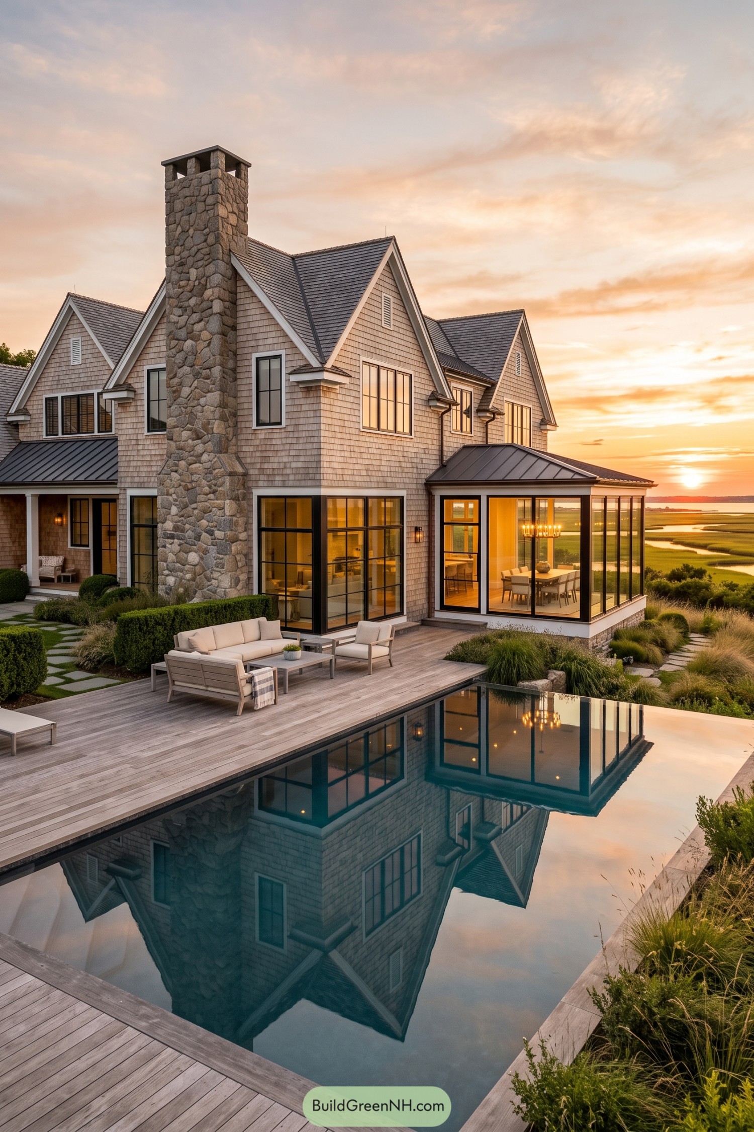 Shingle house with stone chimney pool and marsh views