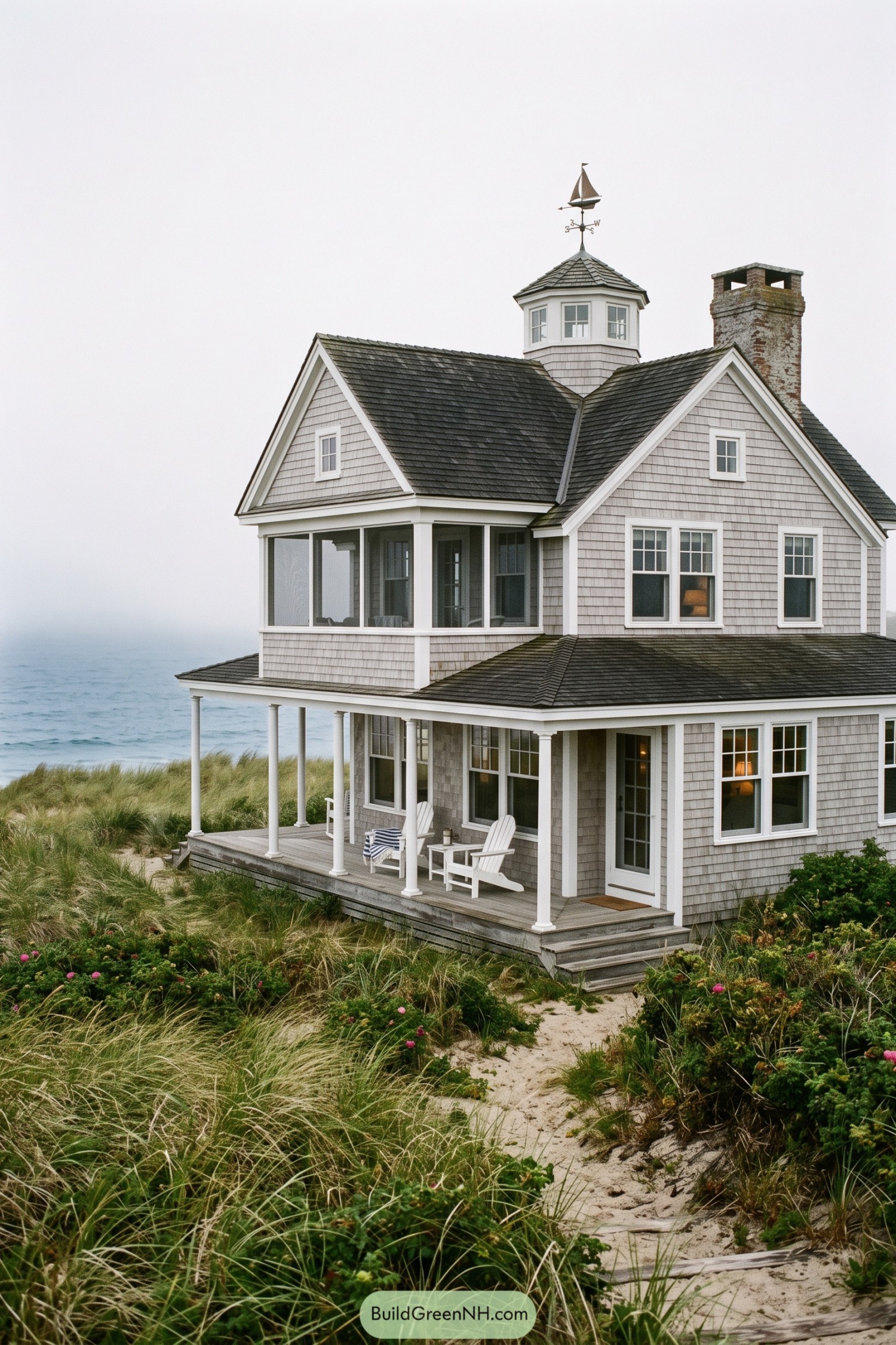 Gray shingle beach house with cupola and wraparound porch