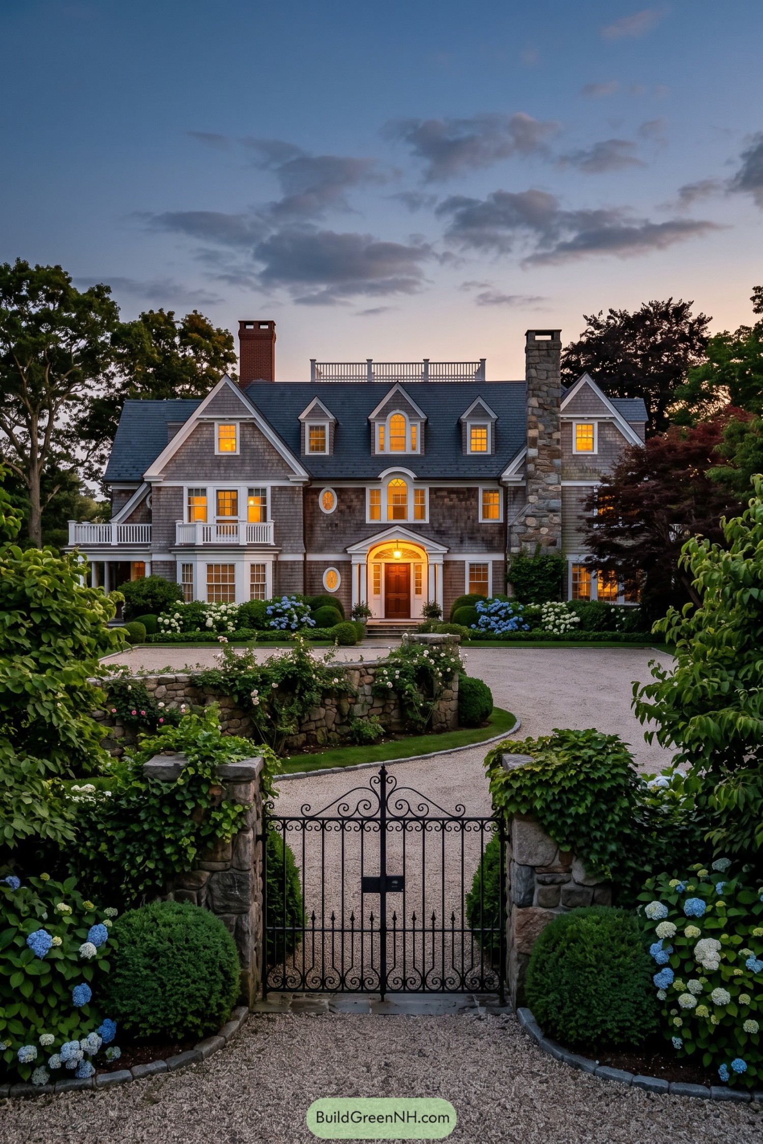 Gray shingle manor with stone chimney and gated garden drive at dusk