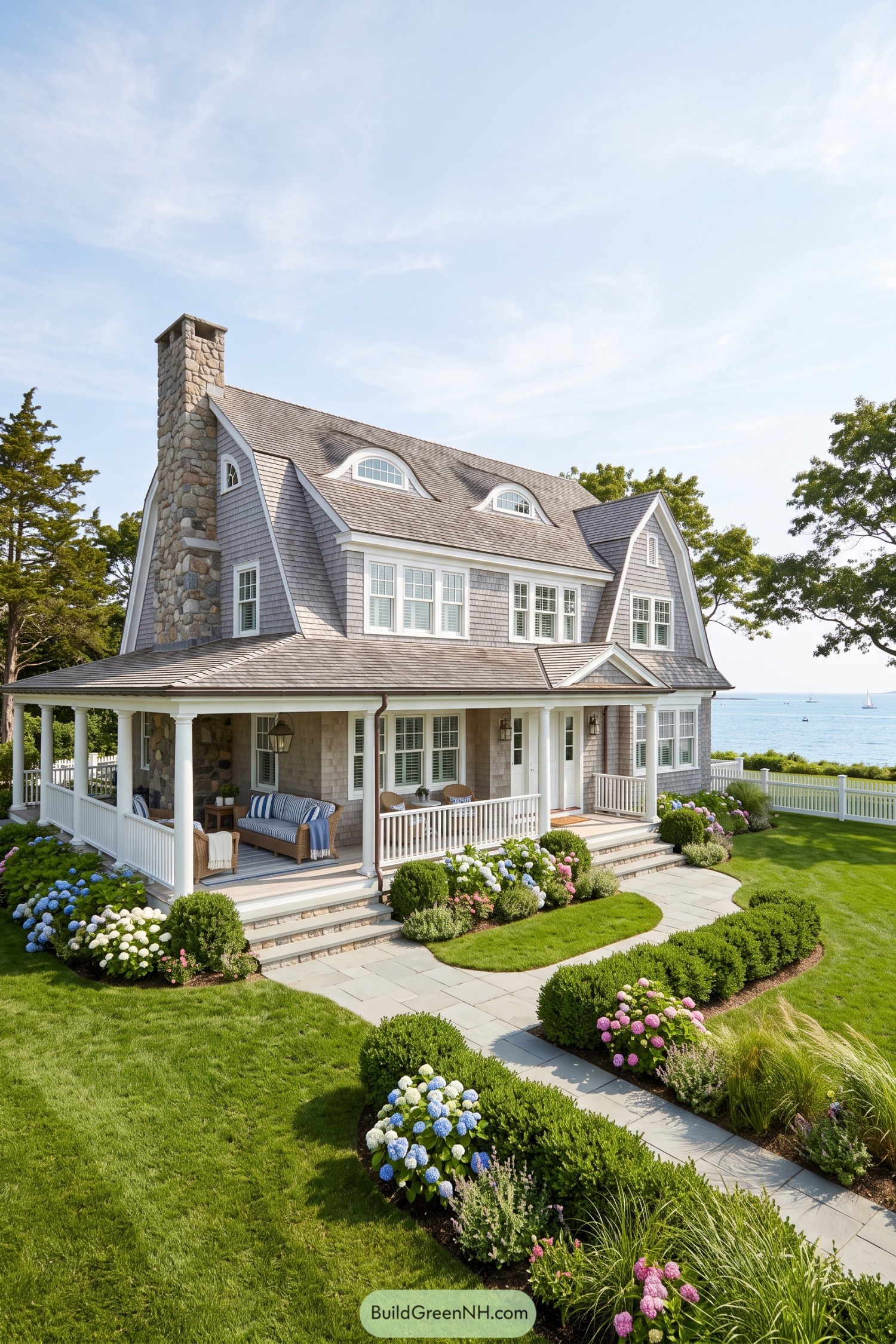 Gray shingle coastal home with stone chimney and wraparound porch